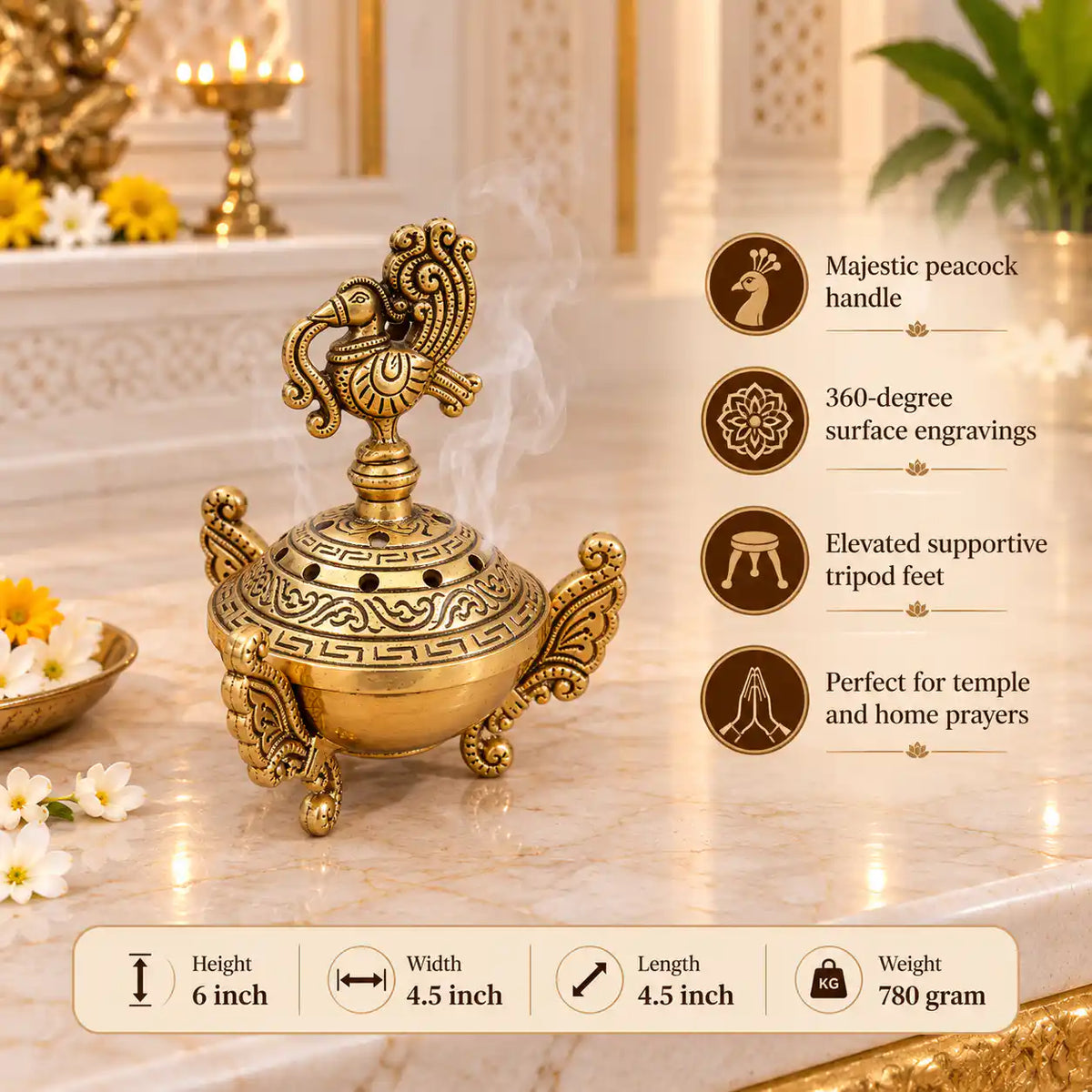 Brass Peacock Dhoop Dani & Incense Holder Vedansh Craft