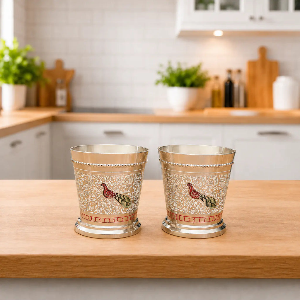 Brass Peacock Hand Painted Glass Pair (2.5 Inch) Vedansh Craft