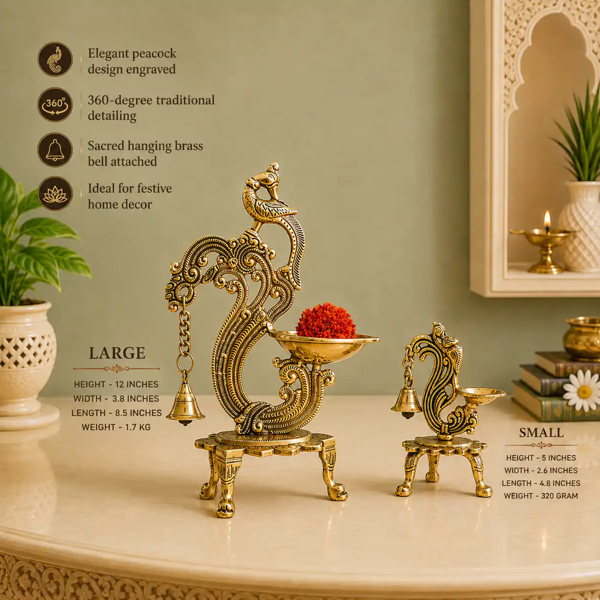 Brass Ethnic Peacock Diya Lamp With Hanging bell Vedansh Craft