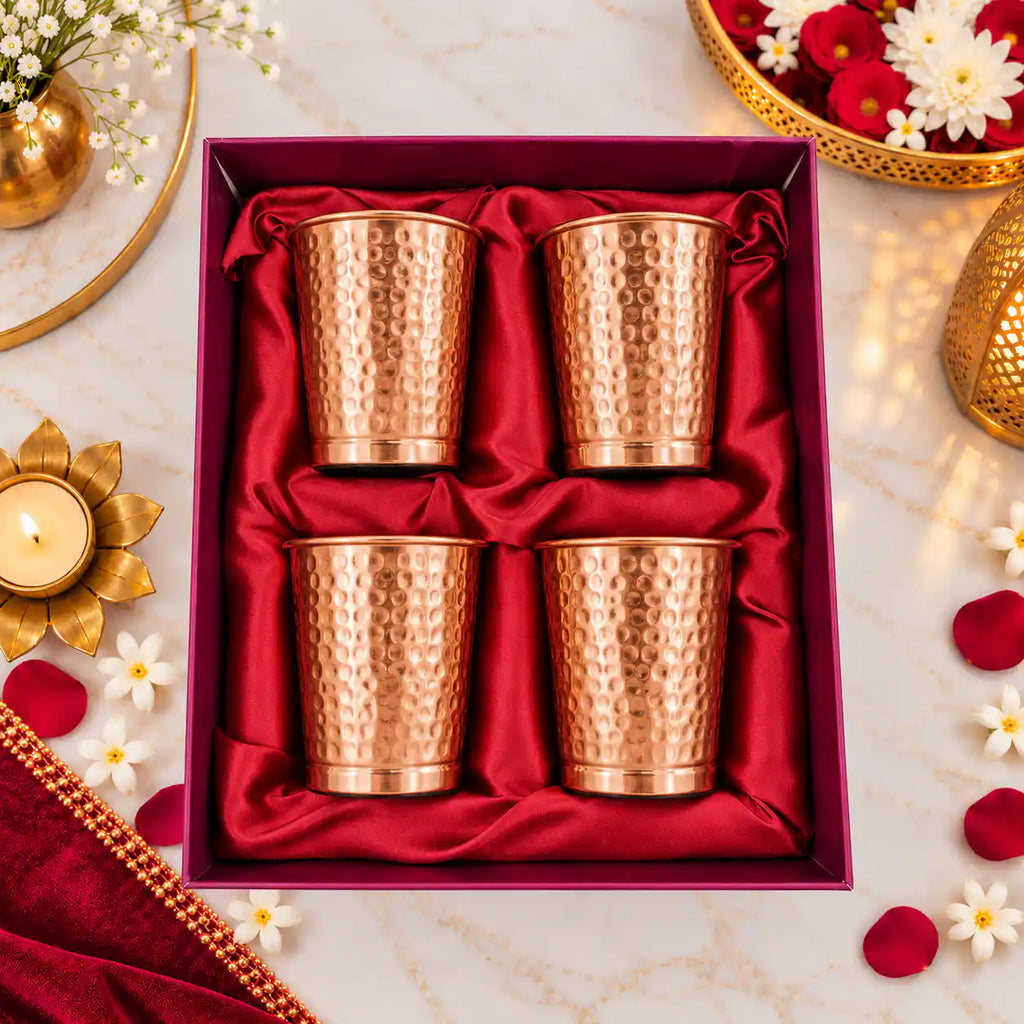 Copper Glass Set of Four With Gift Box/Hamper (3.5 Inch) Vedansh Craft