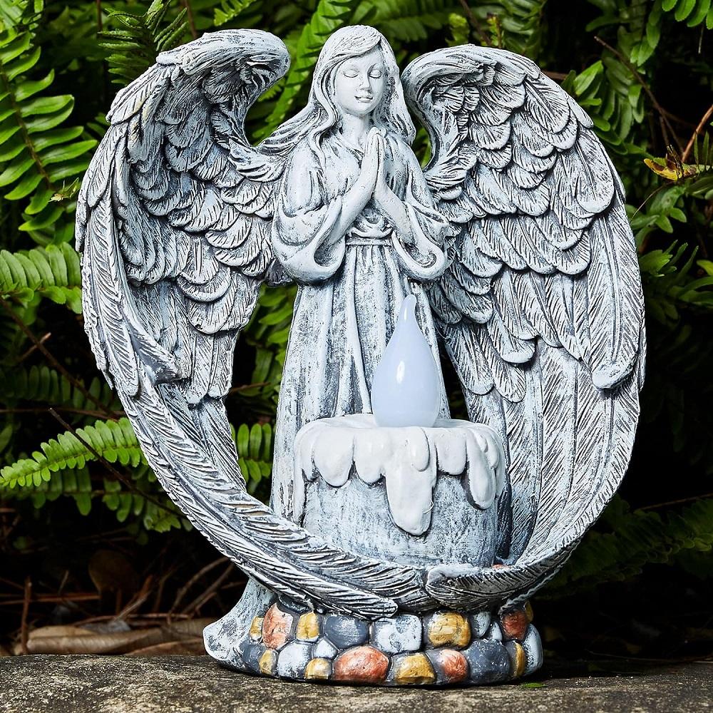 Resin Praying Wings Angel Figurines Solar Garden Statues Outdoor Sculptures For Cemetery Decorations