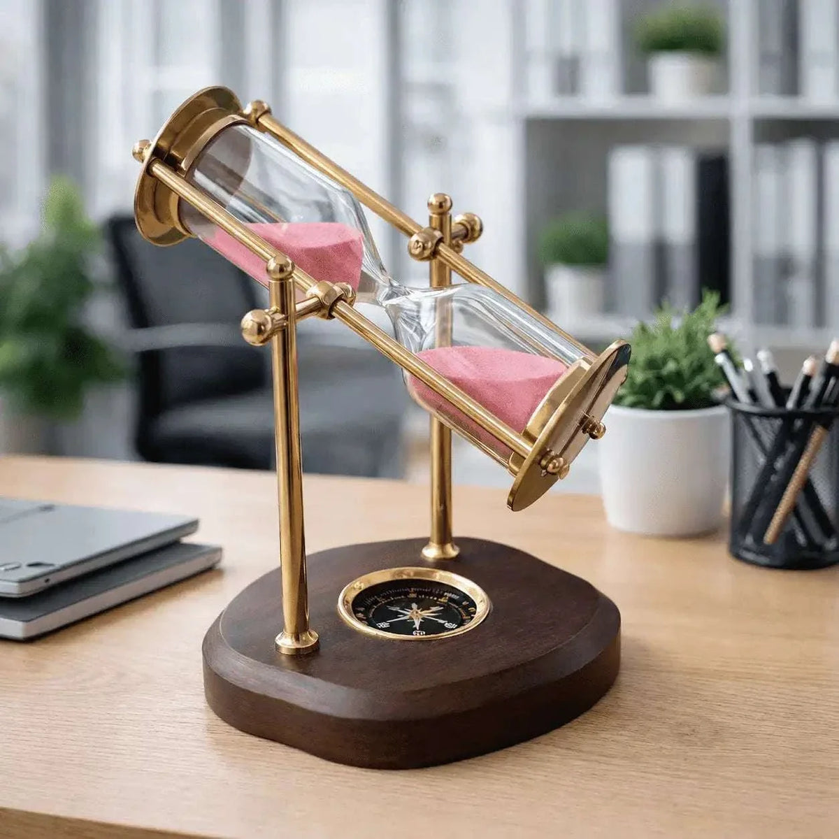 Brass Rotating Sand Clock With Compass And Wooden Stand Vedansh Craft