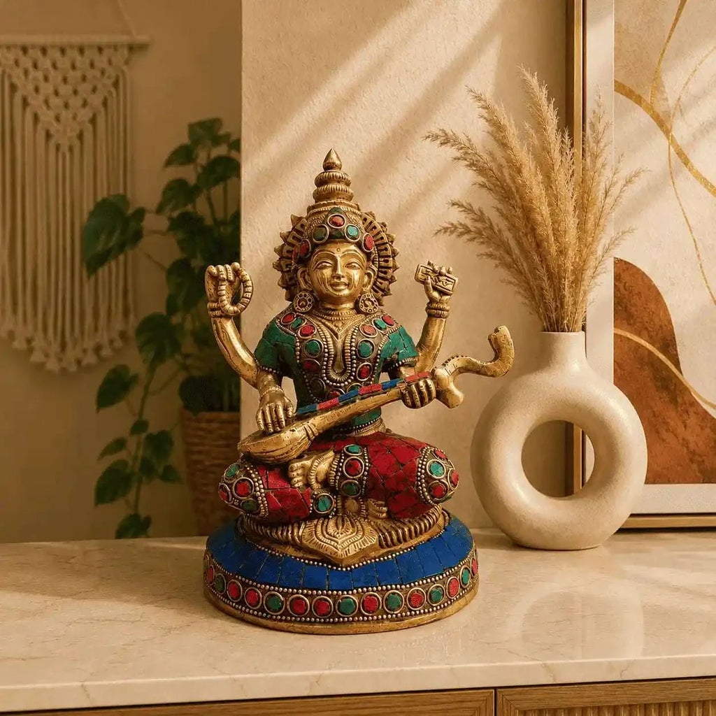 Brass Stone Work Goddess Sitting Saraswati Idol (7.5 Inch) Vedansh Craft
