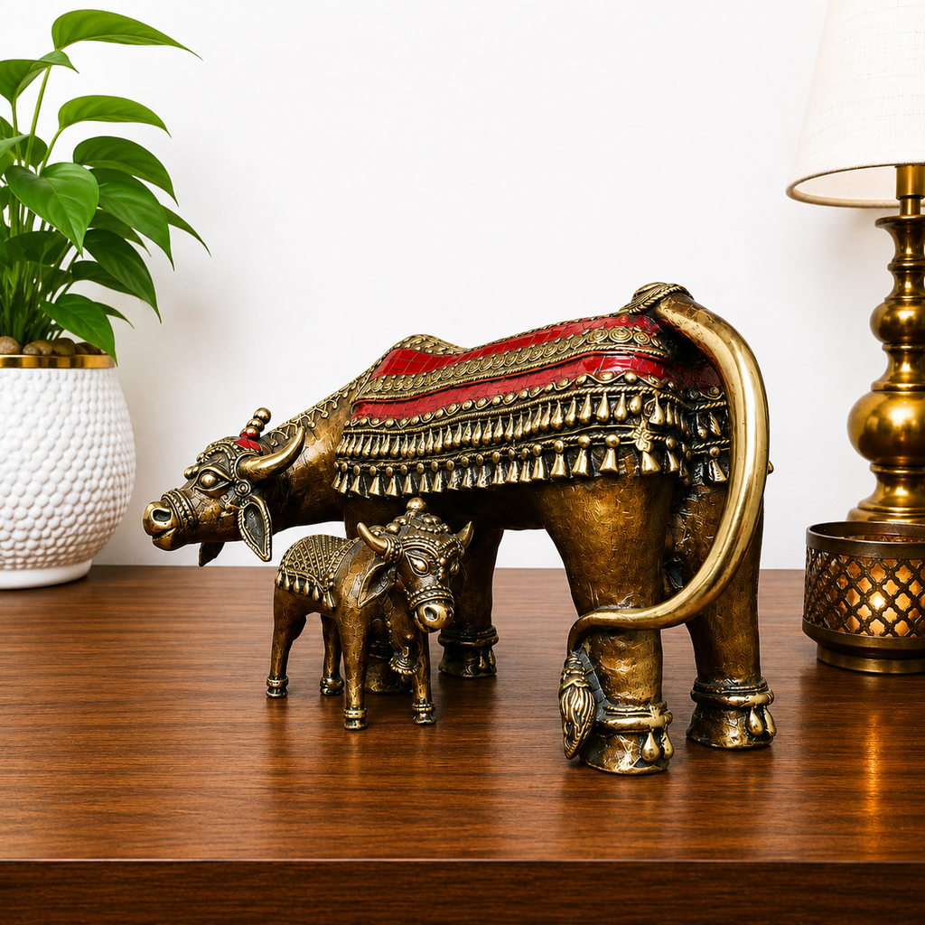 Brass Dhokra Kamdhenu Cow with Calf Statue (7 Inch) Vedansh Craft