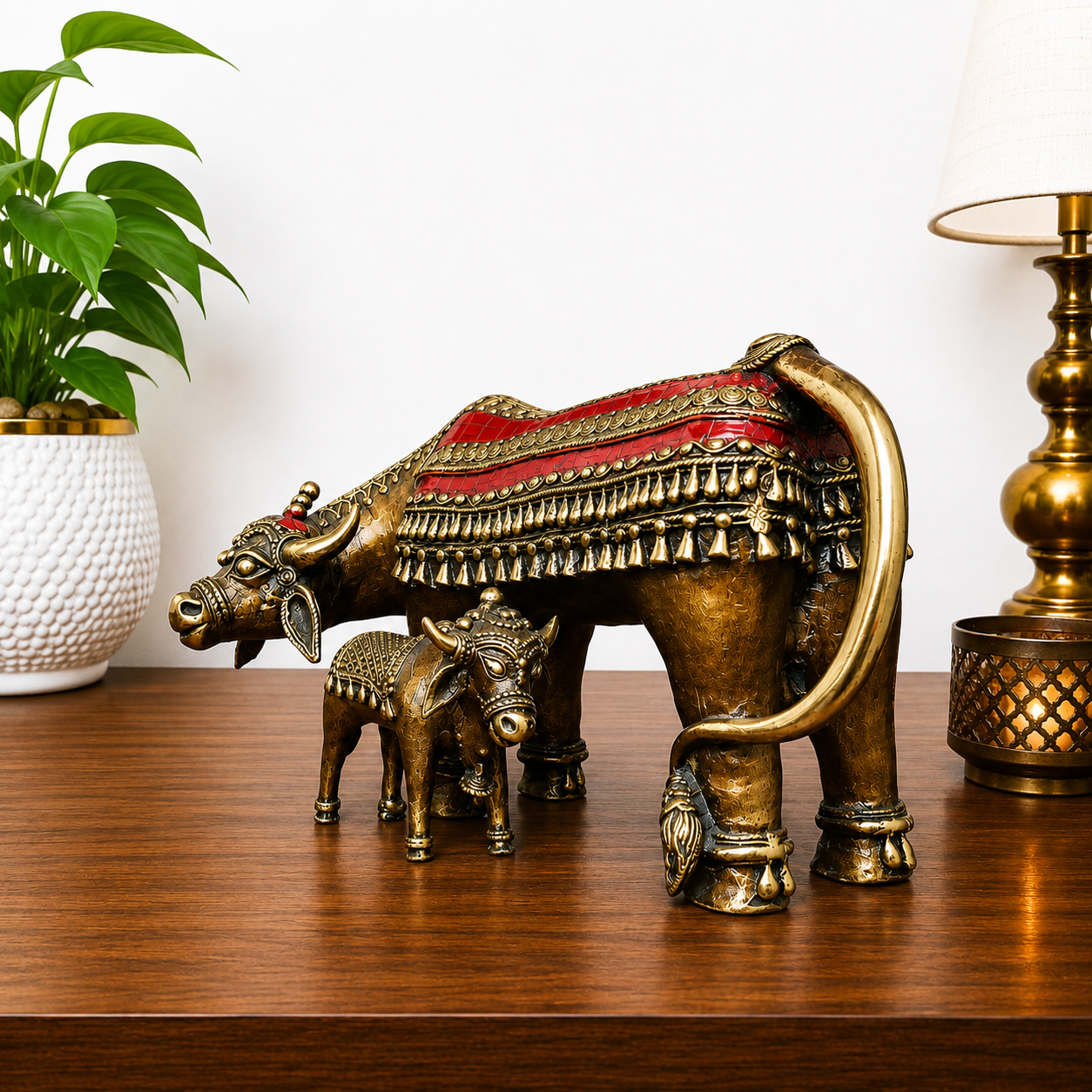 Brass Dhokra Kamdhenu Cow with Calf Statue (7 Inch) Vedansh Craft