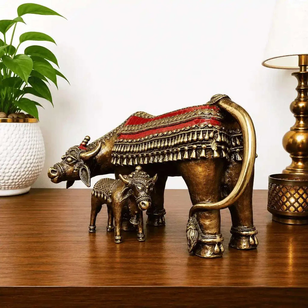 Brass Dhokra Kamdhenu Cow with Calf Statue (7 Inch) Vedansh Craft