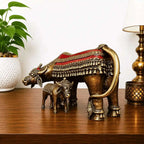 Brass Dhokra Kamdhenu Cow with Calf Statue (7 Inch) Vedansh Craft