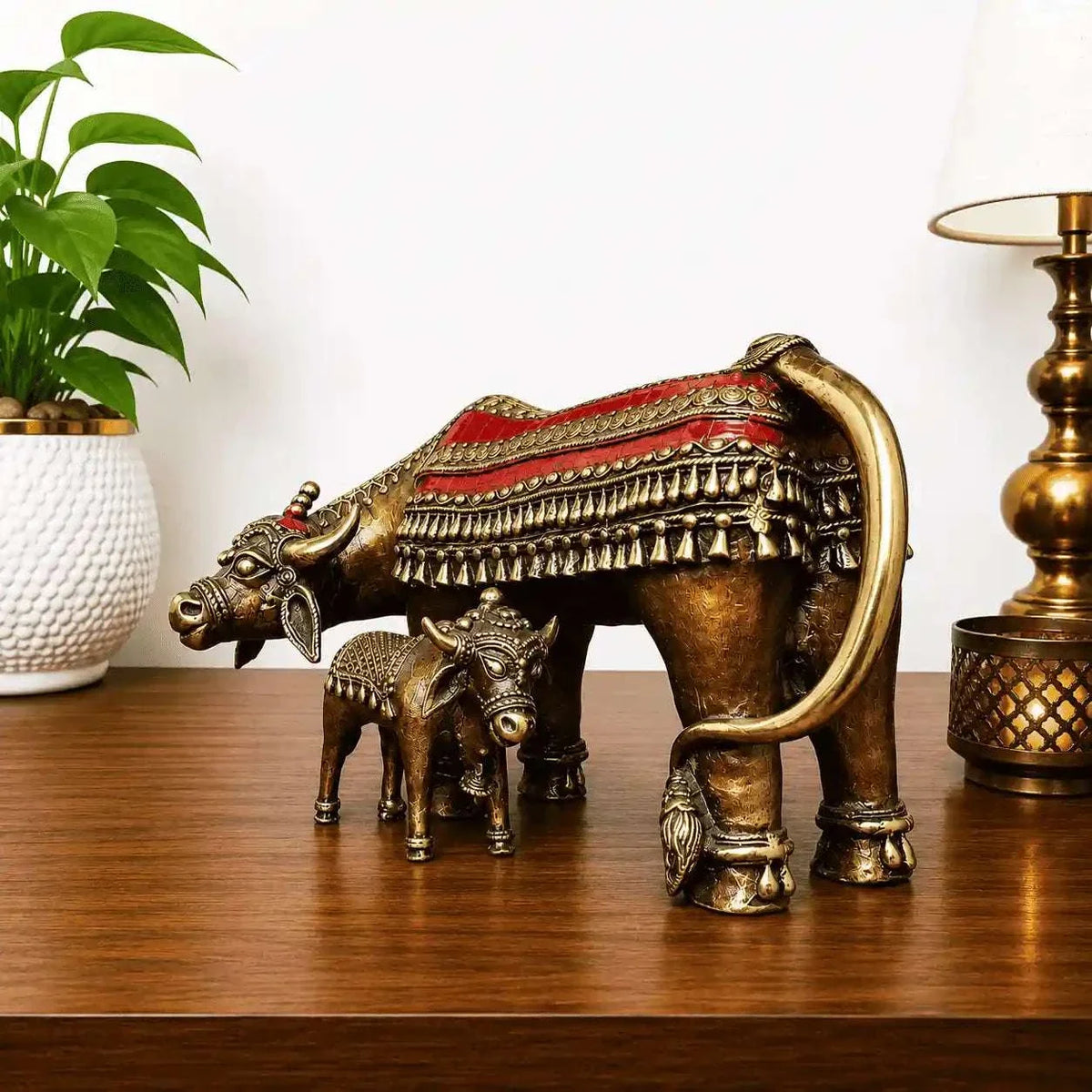 Brass Dhokra Kamdhenu Cow with Calf Statue (7 Inch) Vedansh Craft