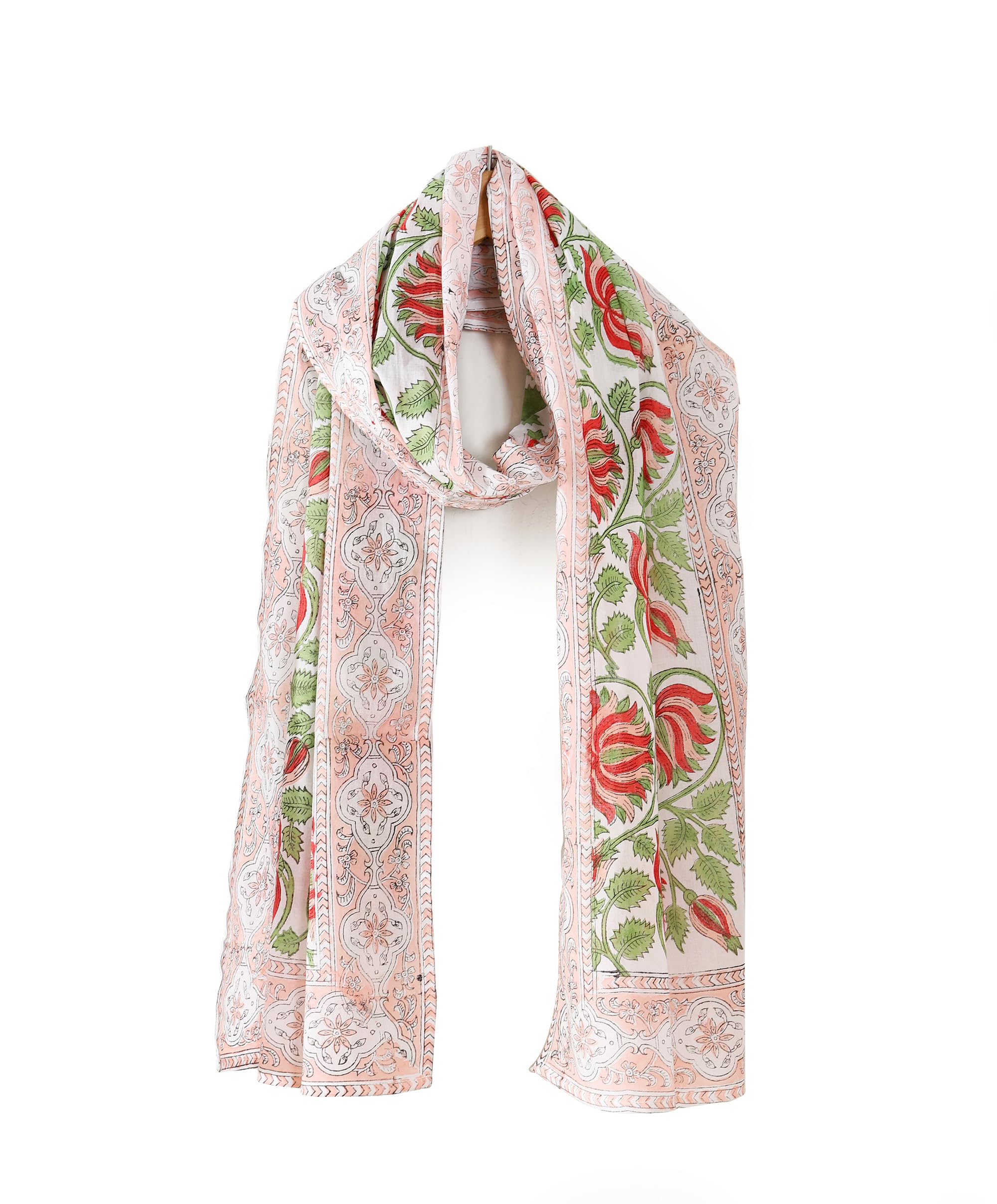 Ravaiyaa - Attitude is everything Hand Block Printed Cotton Long Stole Scarves Hijab Neck Wrap Scarf 71 X 21 Inch (White Lotus Floral), (female)