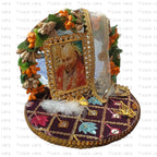 Tickle Cart Jai GURU JI | Guruji Darbar Includes Guruji Swaroop, Charan Paduka and Gold Plated Butterfly on mat | Imported Wood | Premium Fabric | Color : Multicolor