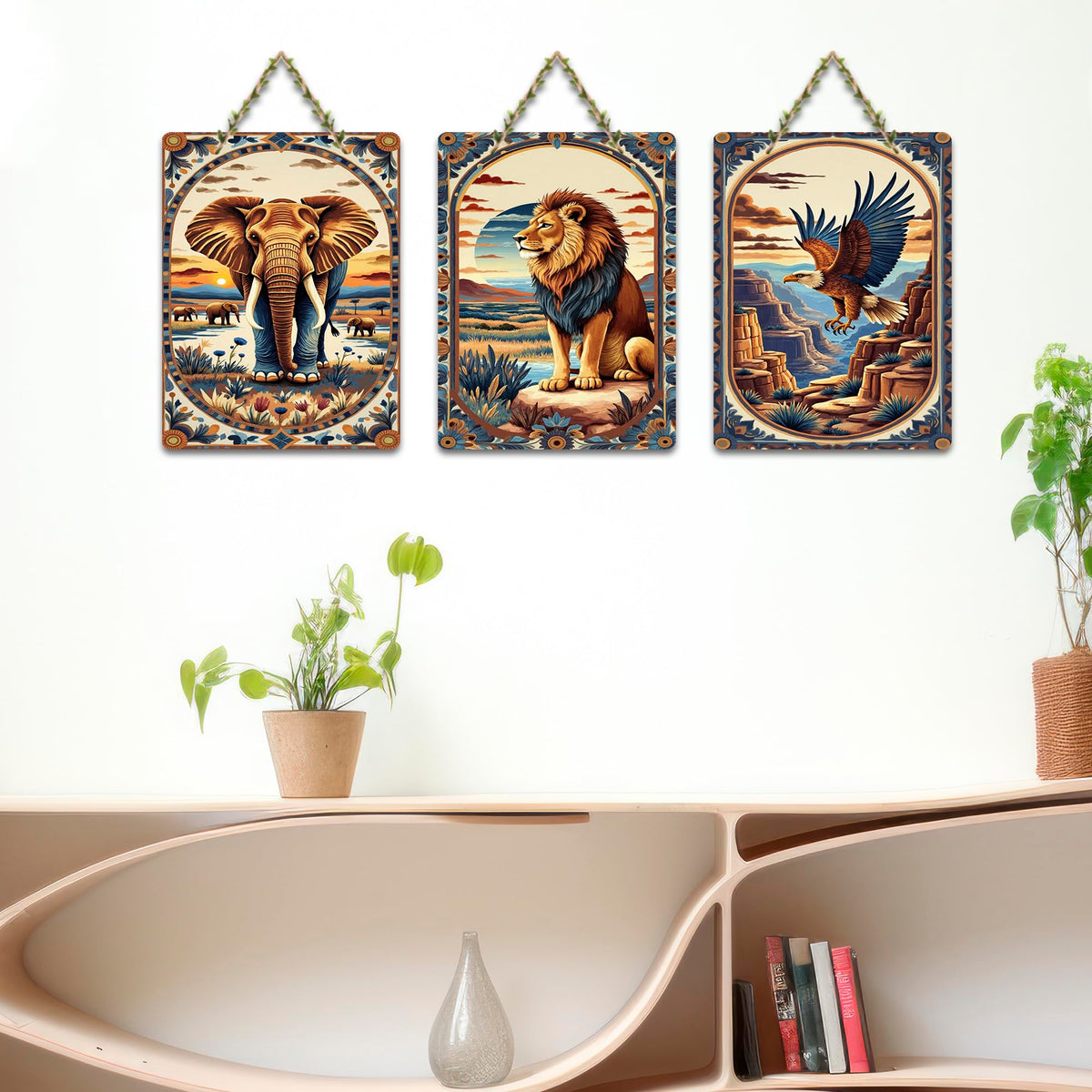 Artvibes Wild Animals Wooden Wall Hanger for Home Decor | Wall Sculpture | Signs & Plaques | Decoration Wall Hanging Items | Graphic Artwork | Wall Poster | Unique Gift (WH_9614N), Set of 3
