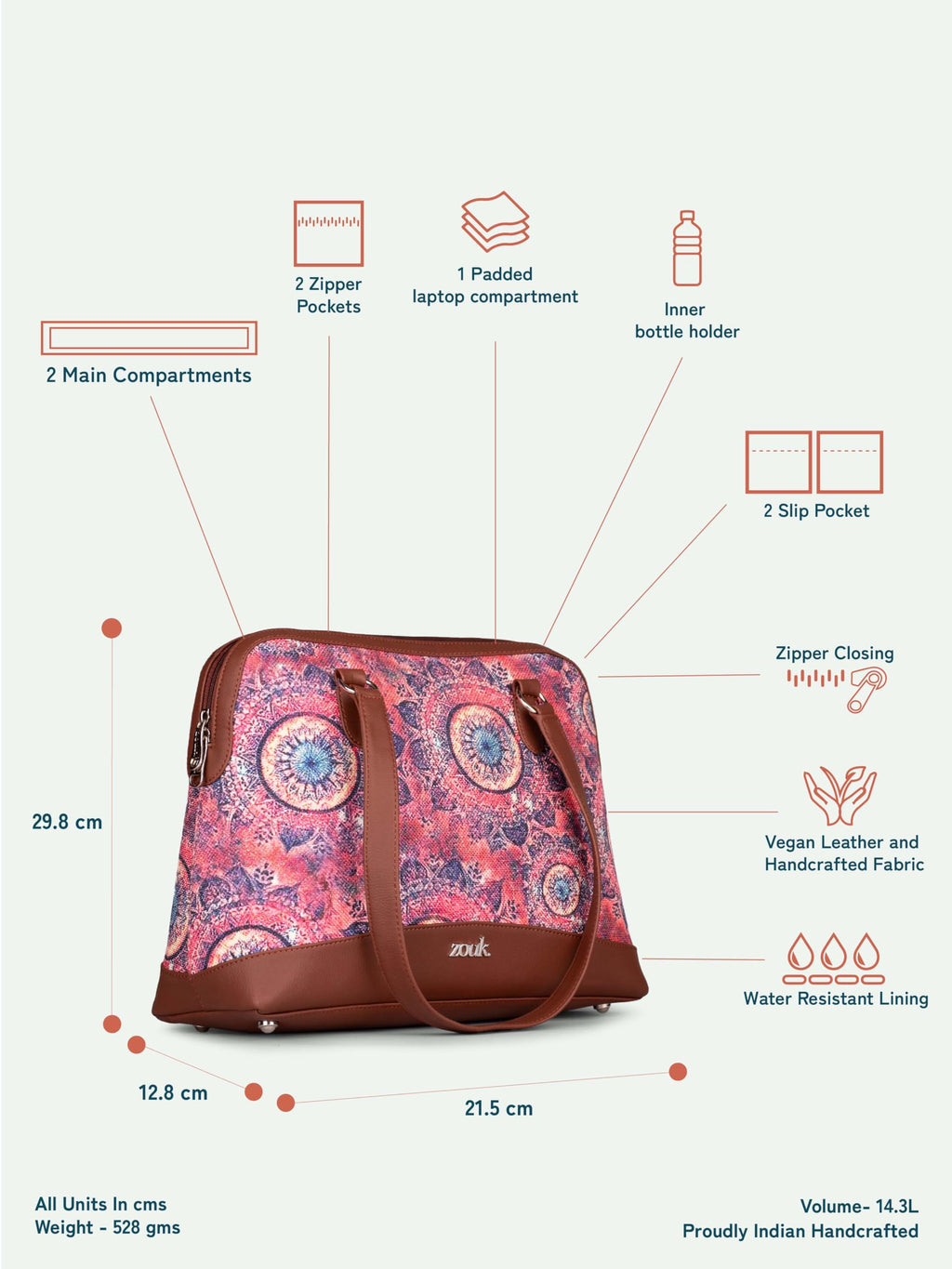 ZOUK Conference Office Bag | Padded Laptop Compartment up to 14 inch | Stylish Tote Bags for Women | Big Size Handbag for Office & Travel Use | Water-Resistant | Paisley Print