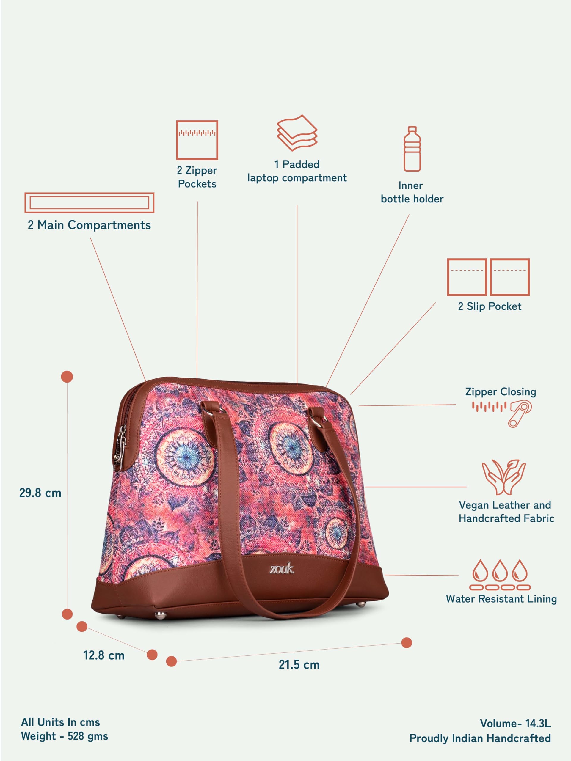 ZOUK Conference Office Bag | Padded Laptop Compartment up to 14 inch | Stylish Tote Bags for Women | Big Size Handbag for Office & Travel Use | Water-Resistant | Paisley Print