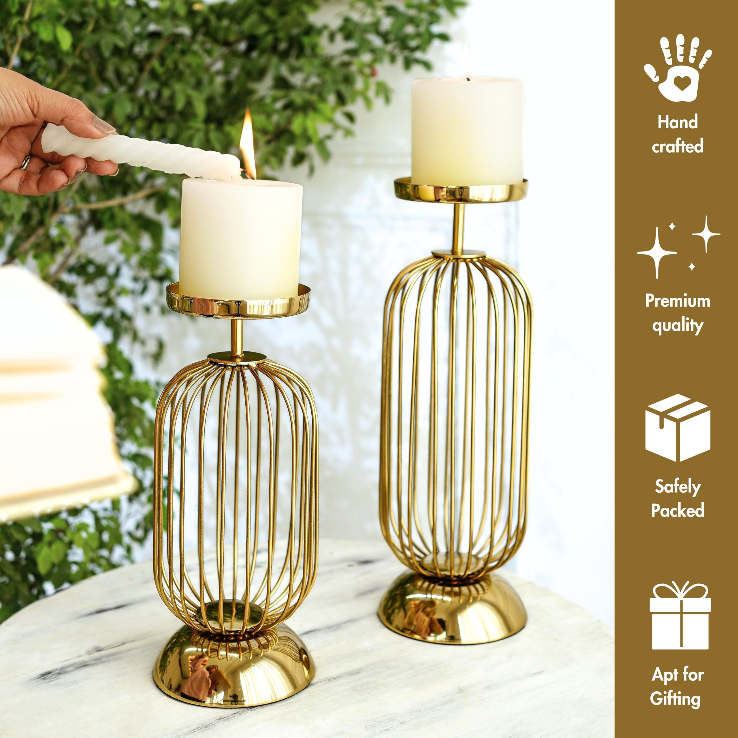 Behoma Metal Pillar Candle Holder Stand with Gold Finish - Small & Large