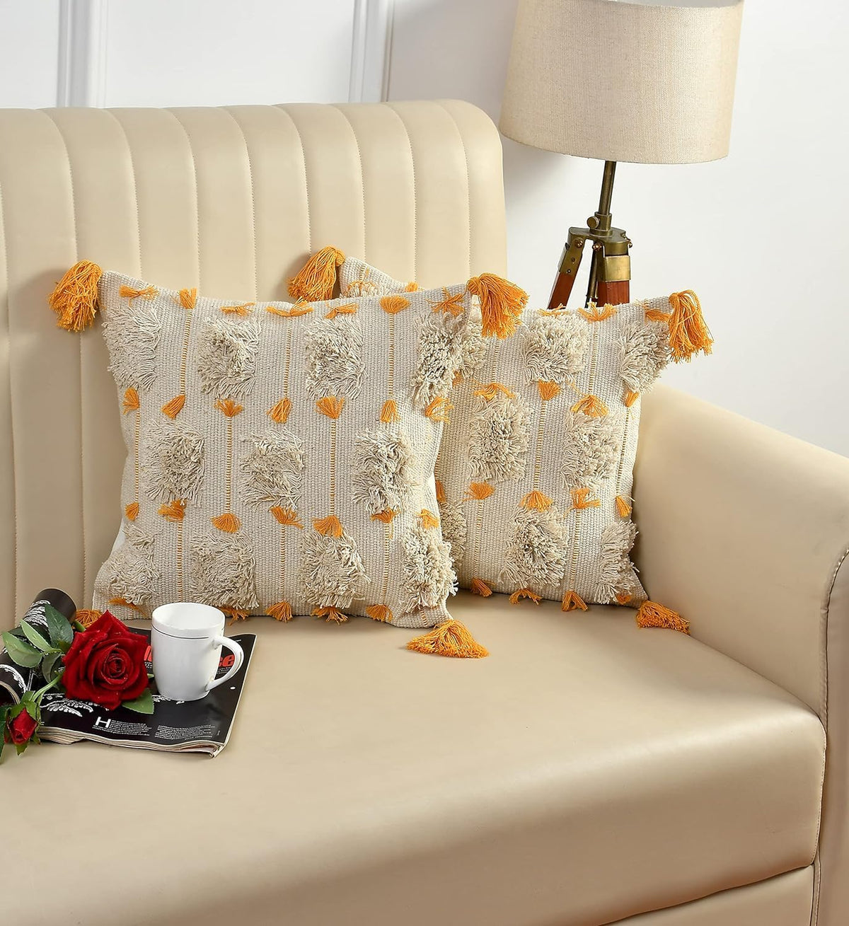 Furnistitchs Premium Decorative Throw Cushion Pillow Cover Boho Home Decor - Living Room Bedroom Couch Sofa Cushion Covers 16 inch x 16 inch (2, Mustard Tassels)
