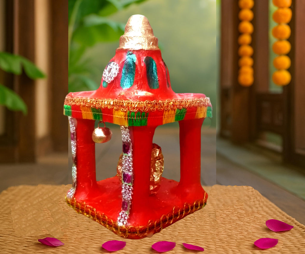 Cyan Collection Terracotta Clay Mitti Decorative Hatri Lakshmi Ganesh Square Shape Diwali Temple Mandir for Diwali Puja/Pooja, Home Decoration - Size H18 CM x W9 CM x L9 CM (Pack of 1) (18 CM)