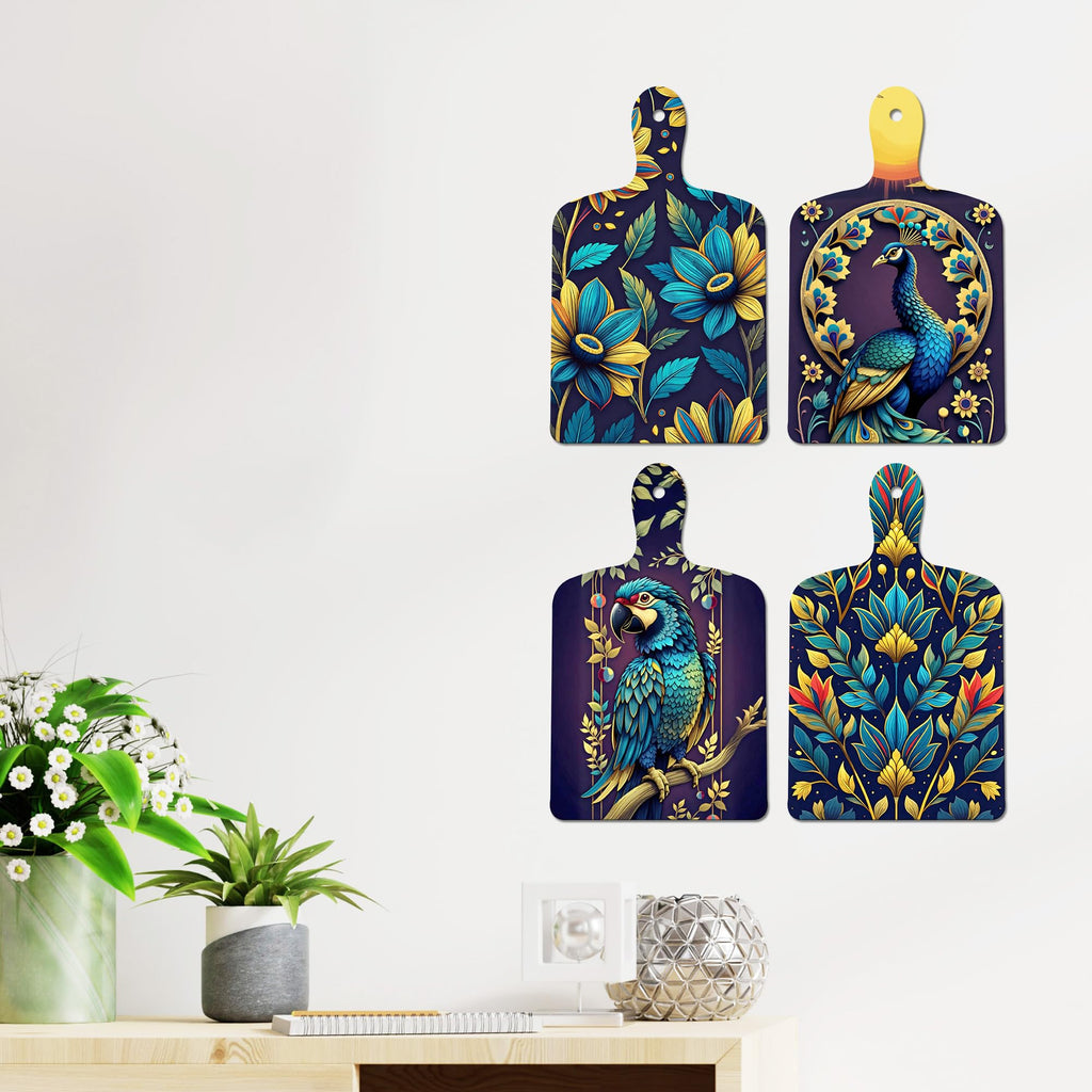 Artvibes Indian Peacock & Parrot Floral Art Wooden Wall Hanger for Home Decor | Living Room | Office | Wall Art Painting For Hall | Graphic Artwork | Wall Poster | Unique Gift (WH_5654N), Set of 4