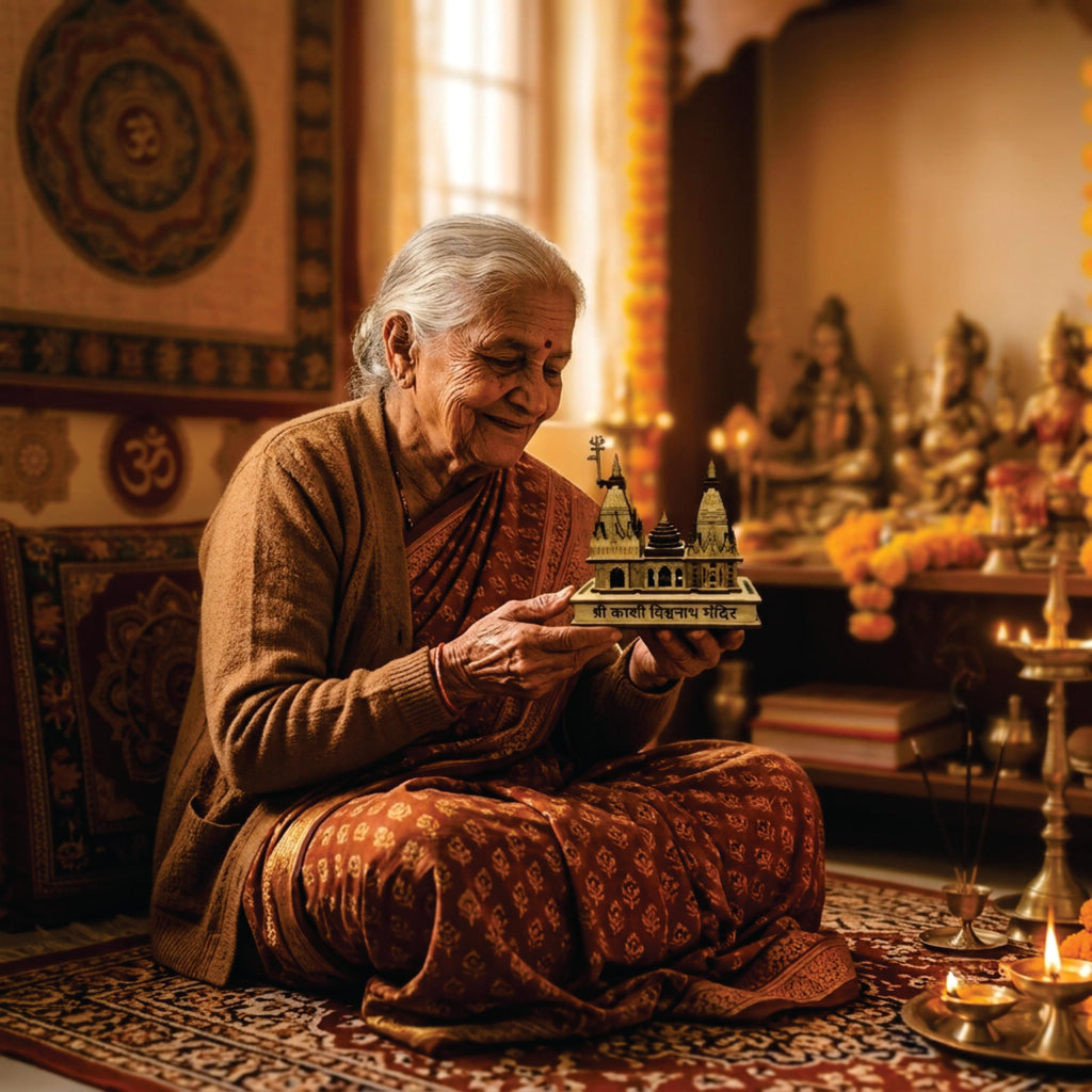 eXme Kashi Vishwanath Temple Wooden Model - Exquisite Pine MDF Craft Ideal for Gifting and Puja Spirituality and Home Decore and Pooja Room, 14 x 13 Cm