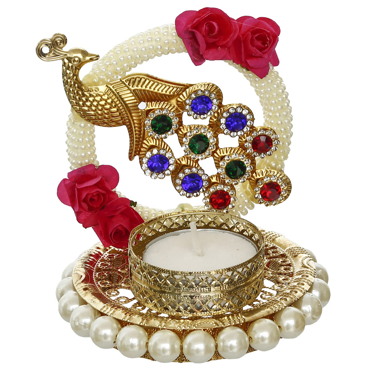 eCraftIndia Metal Peacock Floral Decorative Tea Light Candle Holder for Diwali, Navratri, Ganesh Chaturthi, Christmas, New Year| Tea Light Holders for Home Decor | Diwali Decoration Item