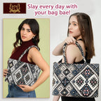 Global Impex Stylish Buoy Tote Bag for Girls & Women | Sturdy Cotton Blend Jacquard | Double Shoulder Ladies Handbag Purse For Daily & Office,Travel Use | Zip Pocket | Handcrafted Multicolor