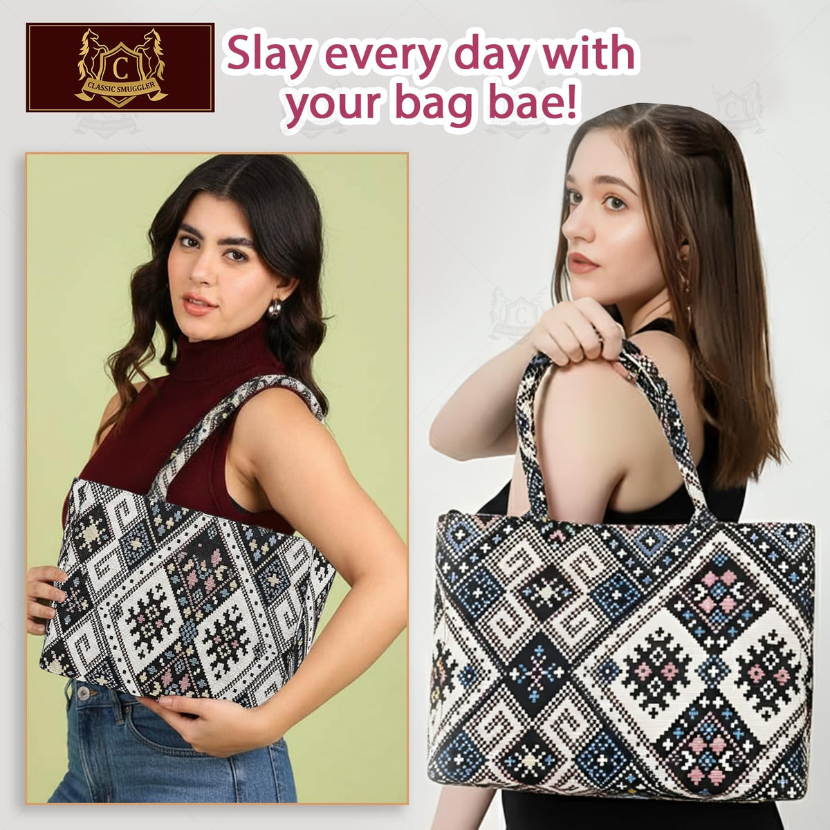 Global Impex Stylish Buoy Tote Bag for Girls & Women | Sturdy Cotton Blend Jacquard | Double Shoulder Ladies Handbag Purse For Daily & Office,Travel Use | Zip Pocket | Handcrafted Multicolor