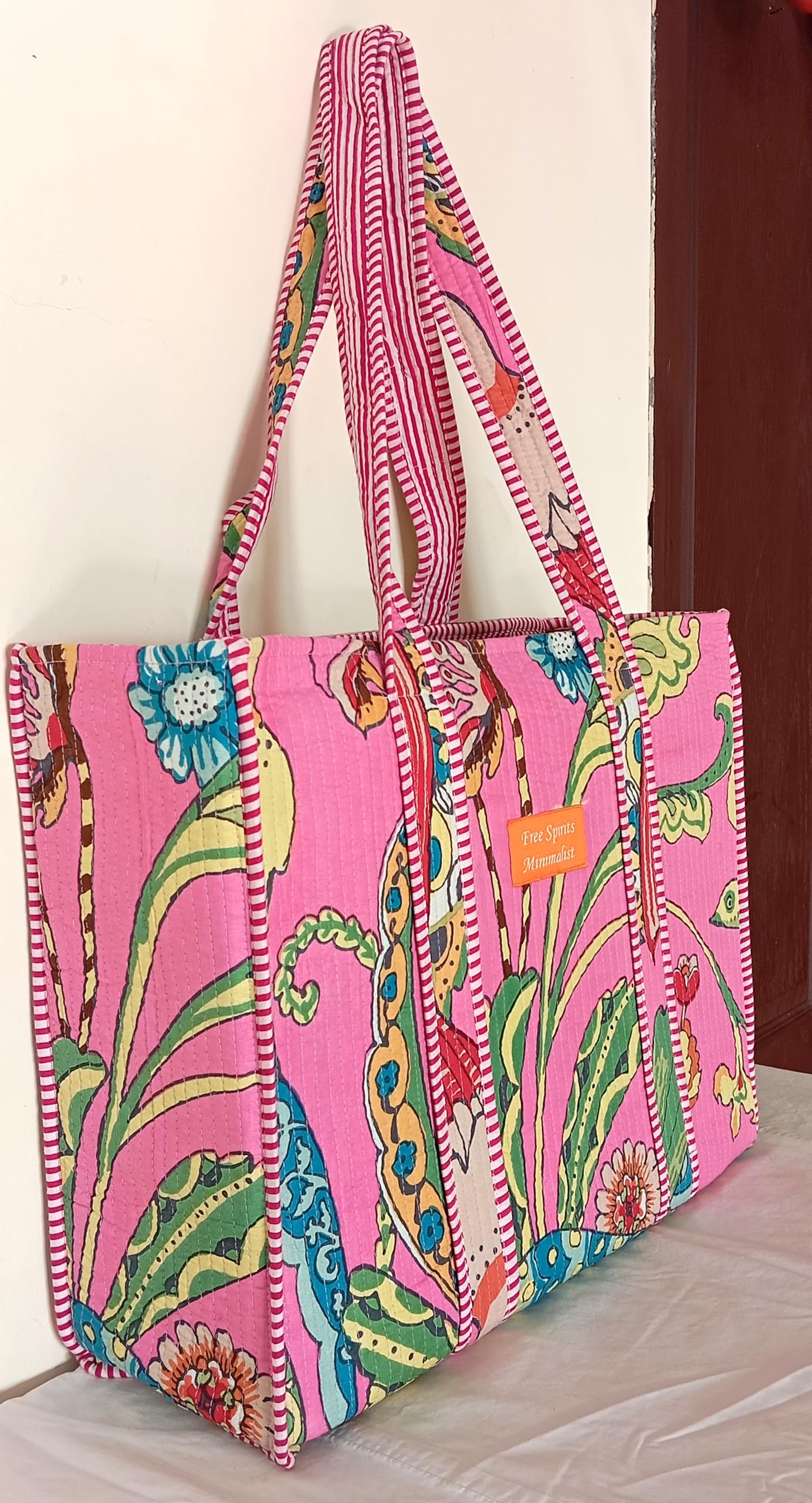 Cotton Tote bag for Women | Shoulder Bag | Durable Shopping bag | Reusable Grocery Bags | Eco friendly Bags| Handmade Cotton Bag | Stylish Quilted handBag |Vegan Tote Bag (Light Pink)
