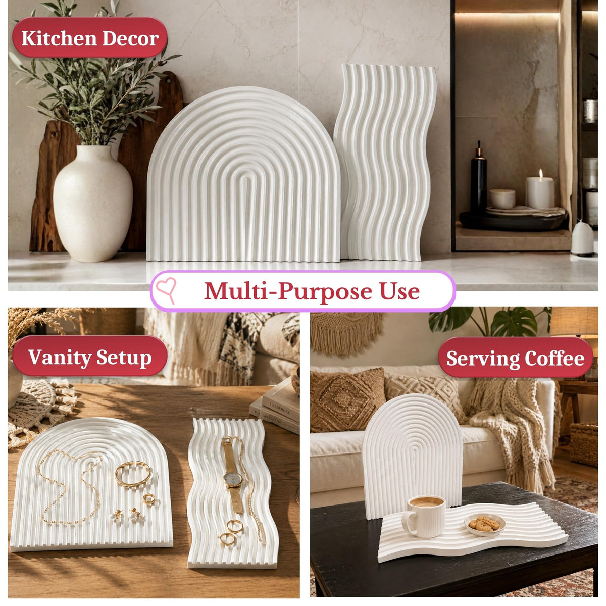 Clover Home Ribbed Decorative Tray Set | 10 inch Wavy and 9 inch Arch Tray | Aesthetic Showpiece for Room Decor | Large Vanity & Trinket Tray, Shelf Decor | Pinterest Inspired Home Decor Gift (White)