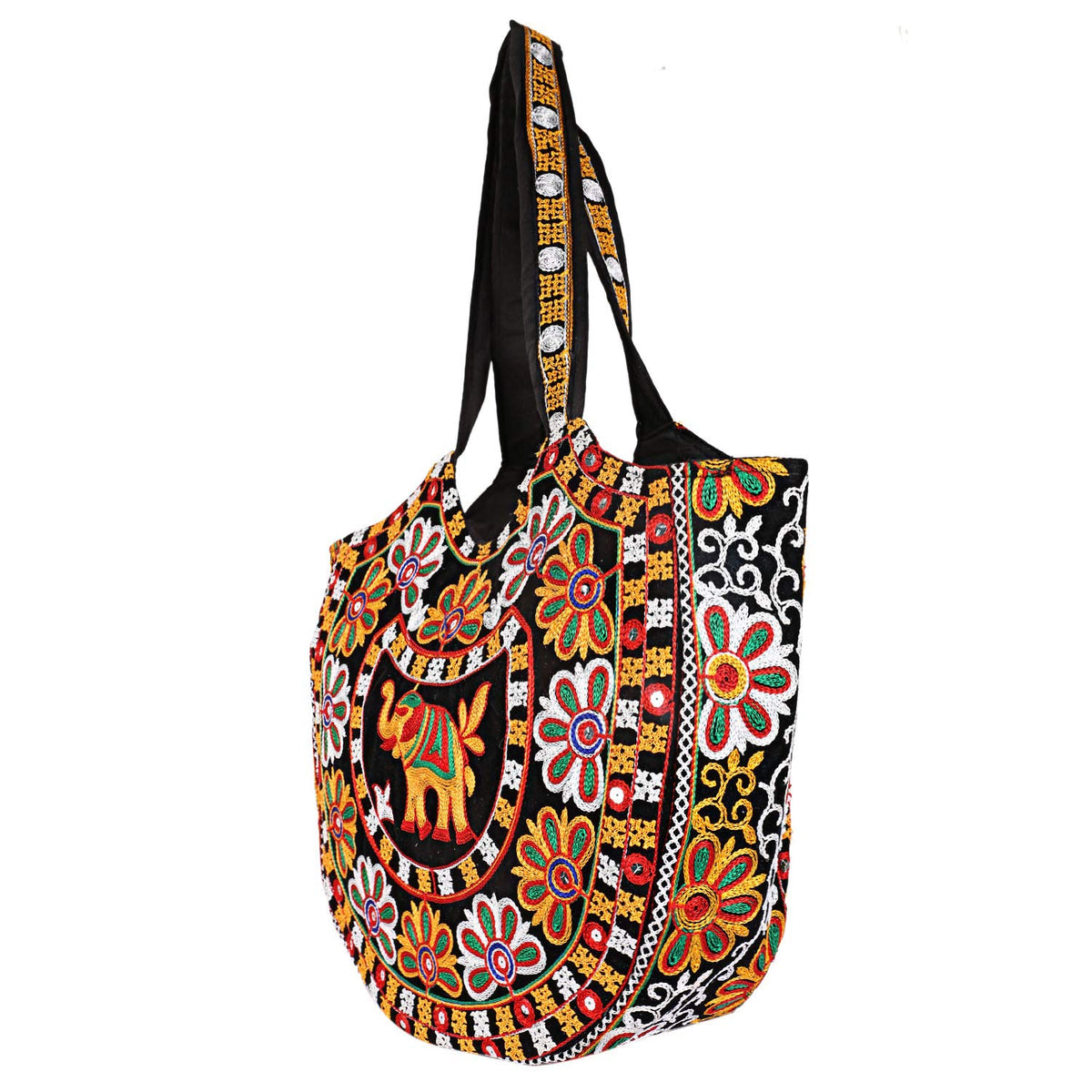 Craft Trade Women's Cotton Tote Bag with Zip 46x30x12 Cm Embroidered Shopping Bag Elephant Design - Black