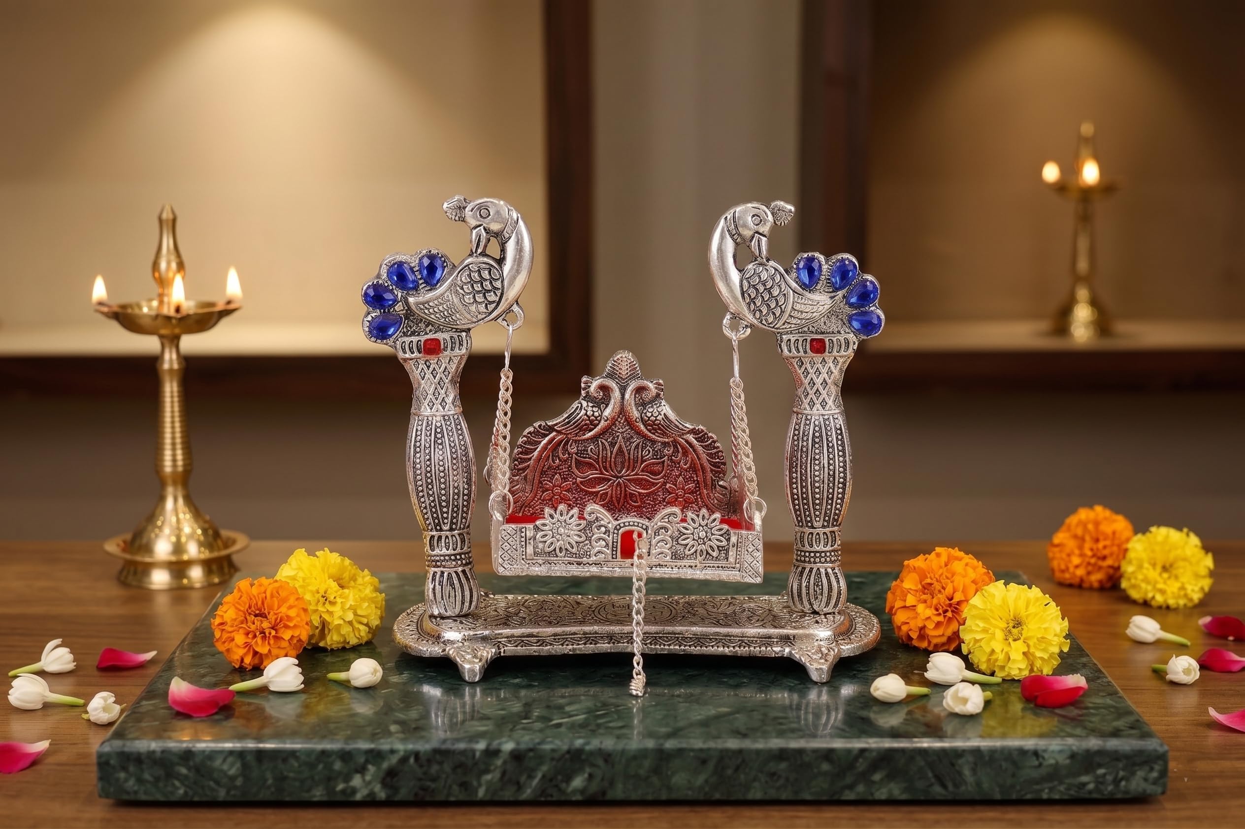 KridayKraft Silver Plated Peacock Designer Jhula for Laddu Gopal/Krishna Idol | Decorative Metallic Swing for Home Temple, Puja, Janmashtami Decor & Gifting