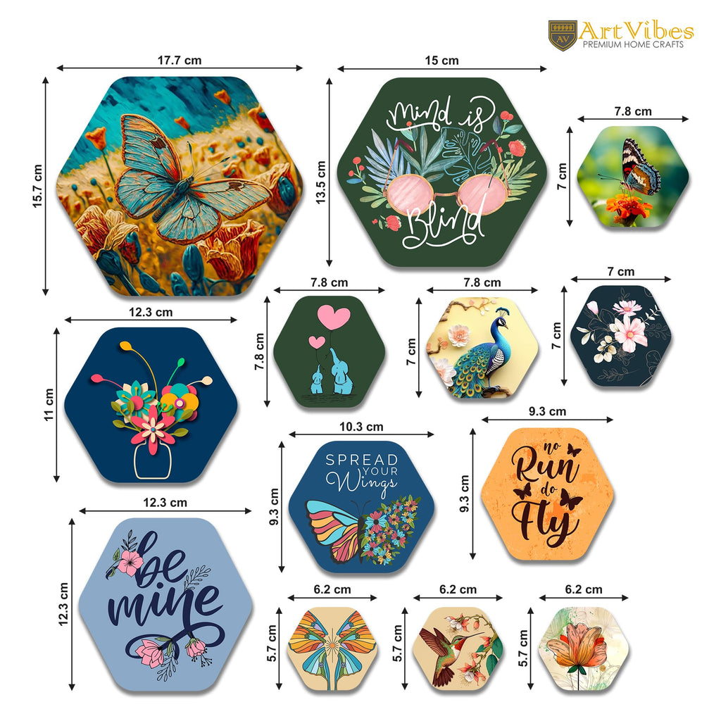 Artvibes Spread Your Wings Hexagon Shape MDF Wooden Wall Decor Items | Motivational Wall Decor | Wall Accent | Graphic Art | Gift Items | Office Wall Decoration Items (WPS_205N), Set of 13