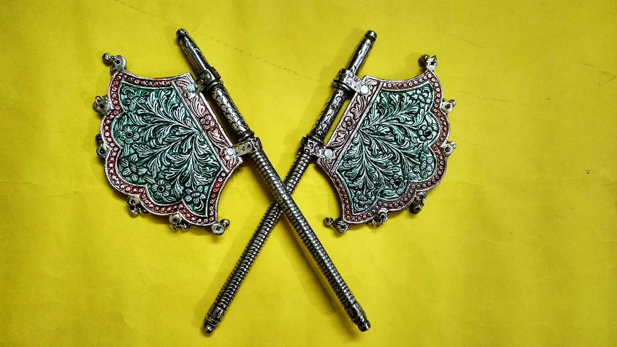 Metal Antique Silver Color Pooja Pankhi (Set of 2 Pc) - Home | Office | Table | Temple | Mandir