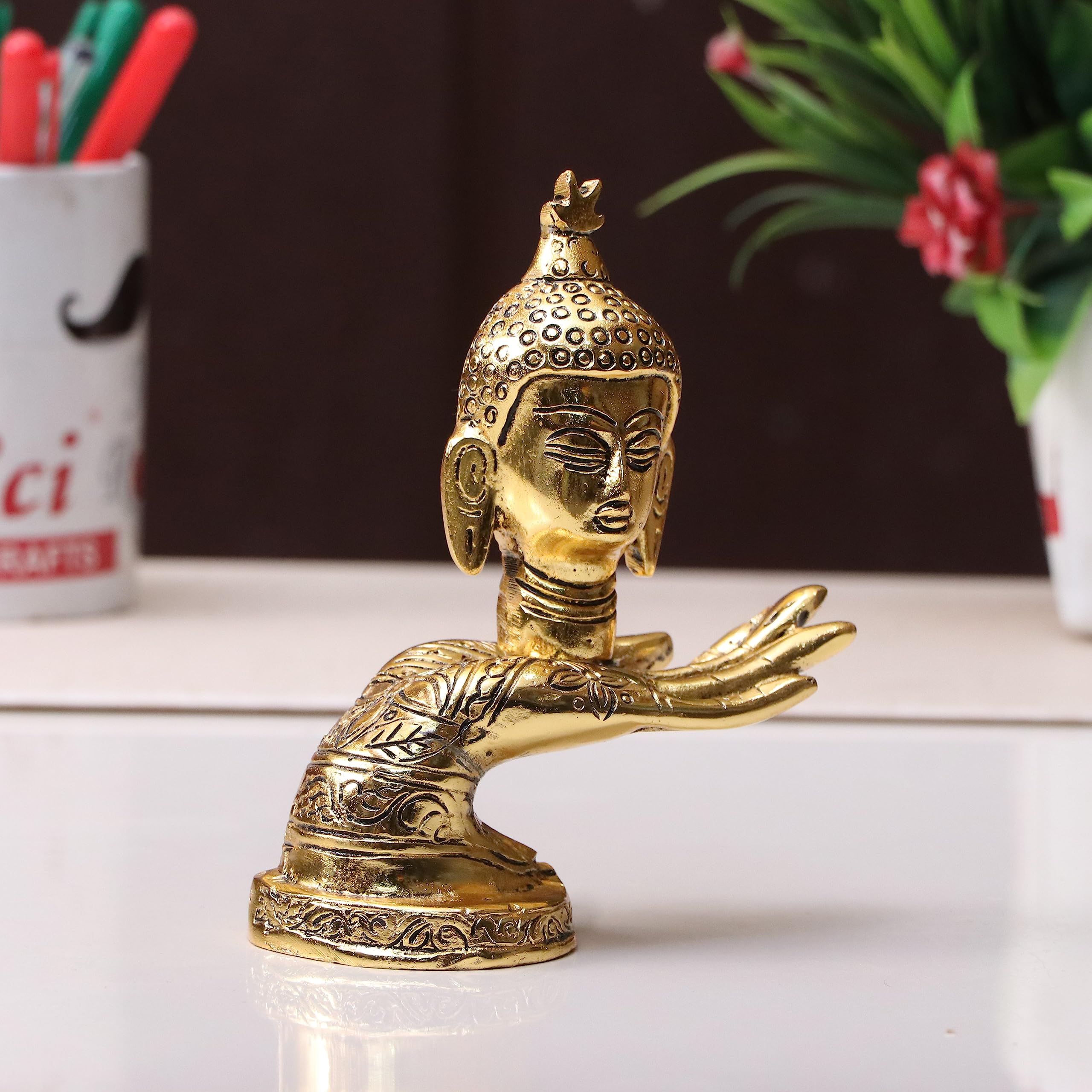 KridayKraft Hand Buddha Statue Face on Hand Showpiece for Feng Shui or Vastu/Hand Buddha Idol Buddha Statue for Home Decor (Golden)
