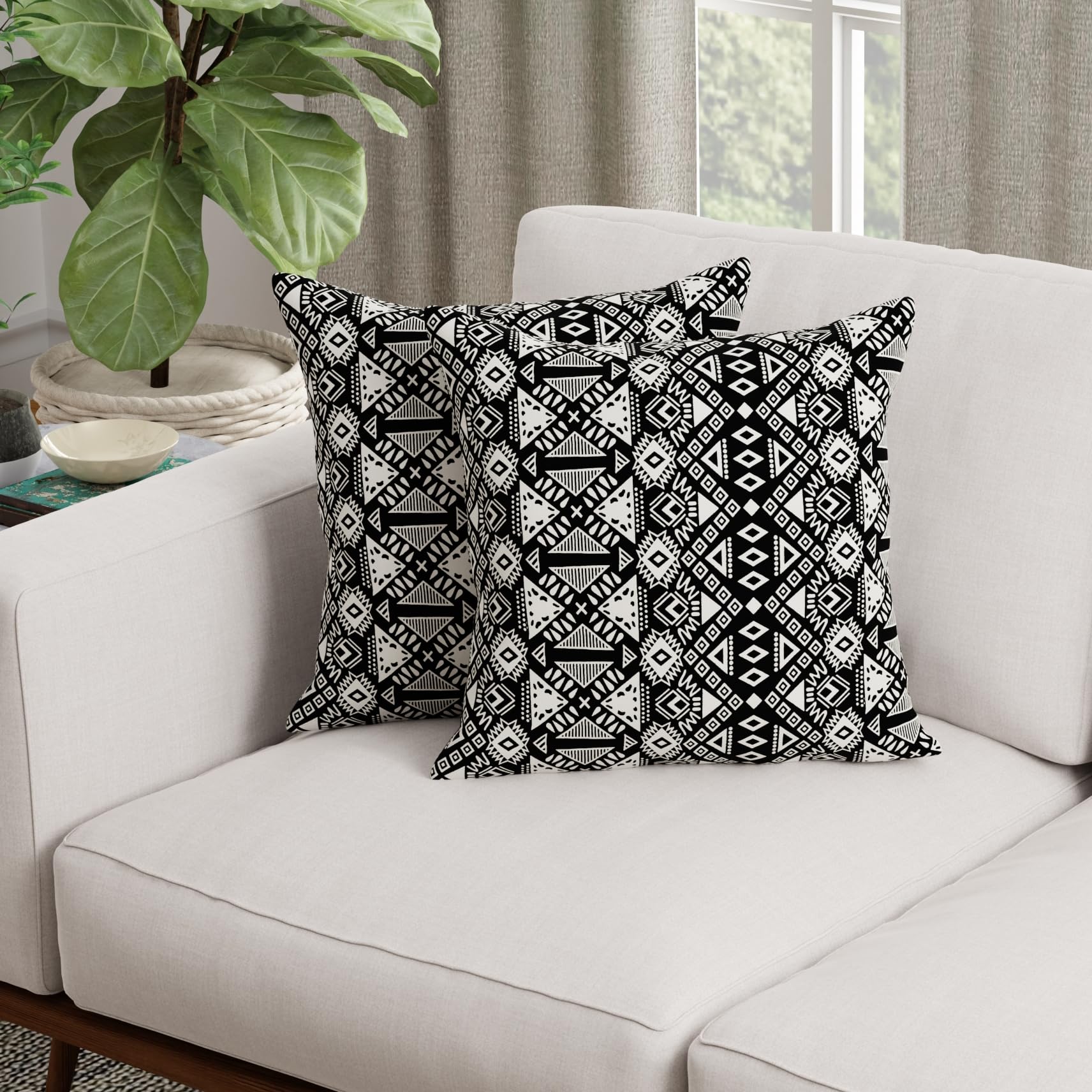 HUESLAND Premium Cotton Cushion Cover 16 x 16 inch Set of 2 | Decorative Throw Pillow Covers for Sofa, Living Room & Bedroom | Geometric Black
