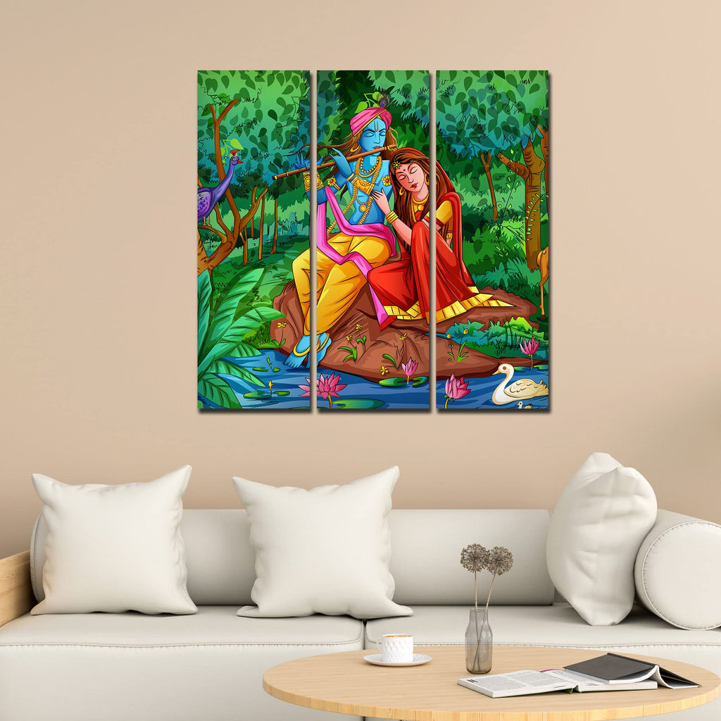 VIBECRAFTS 3 Pieces Radha Krishna In Forest Canvas Wall Painting Fitted With Wooden Frame For Home | Office | Living Room | Gifts (PTVC3Pcs1_9539)