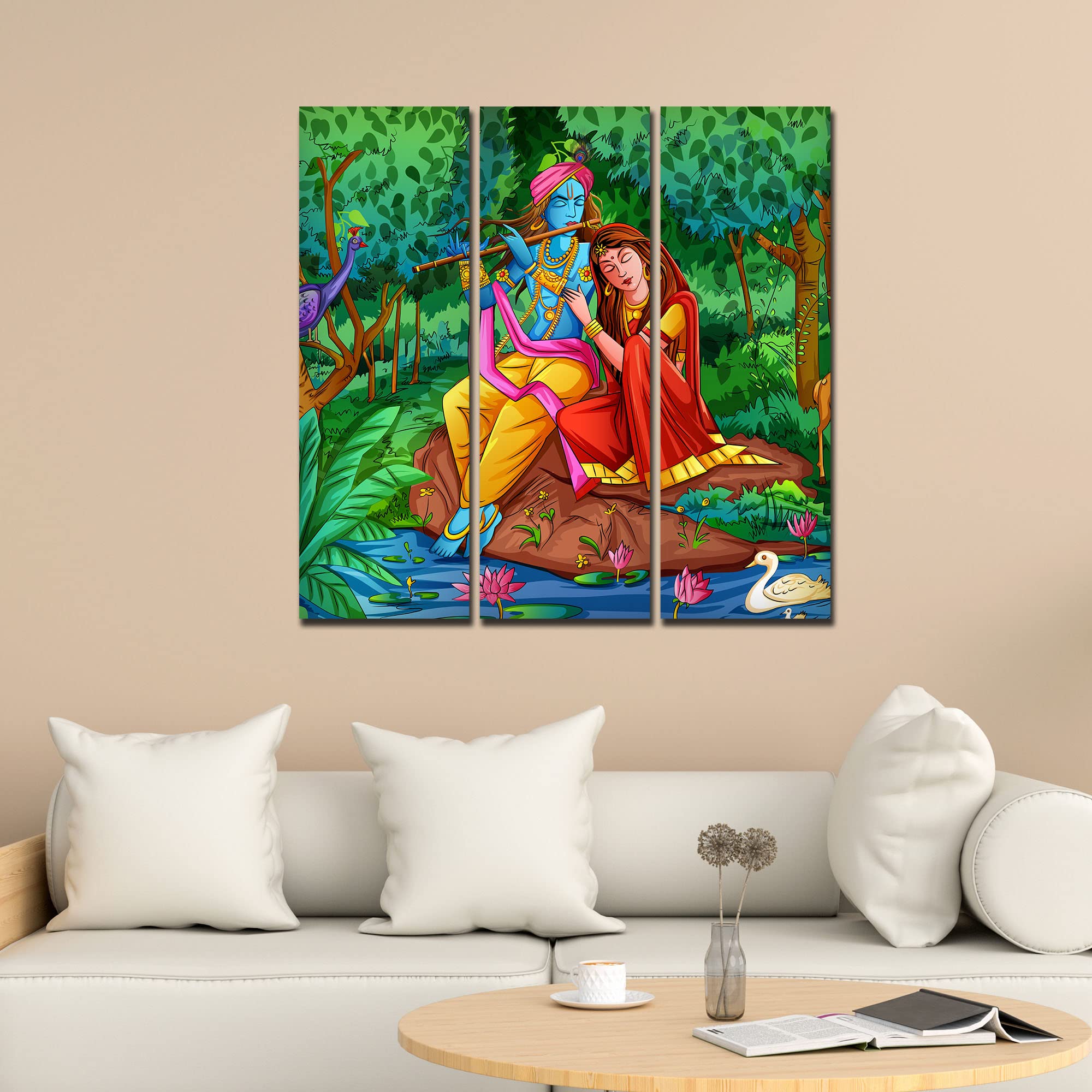 VIBECRAFTS 3 Pieces Radha Krishna In Forest Canvas Wall Painting Fitted With Wooden Frame For Home | Office | Living Room | Gifts (PTVC3Pcs1_9539)