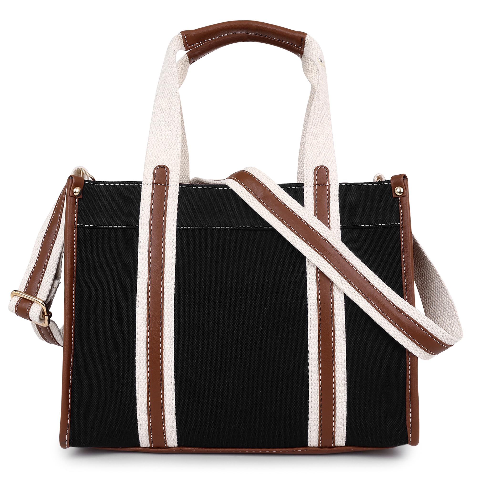 Womanix Womens Tote Bag Niwar Canvas Bag 12 Inch Work Shoulder Bags Casual Small Briefcase Handbag For Travel, Office, College (0045) (Black Tan)