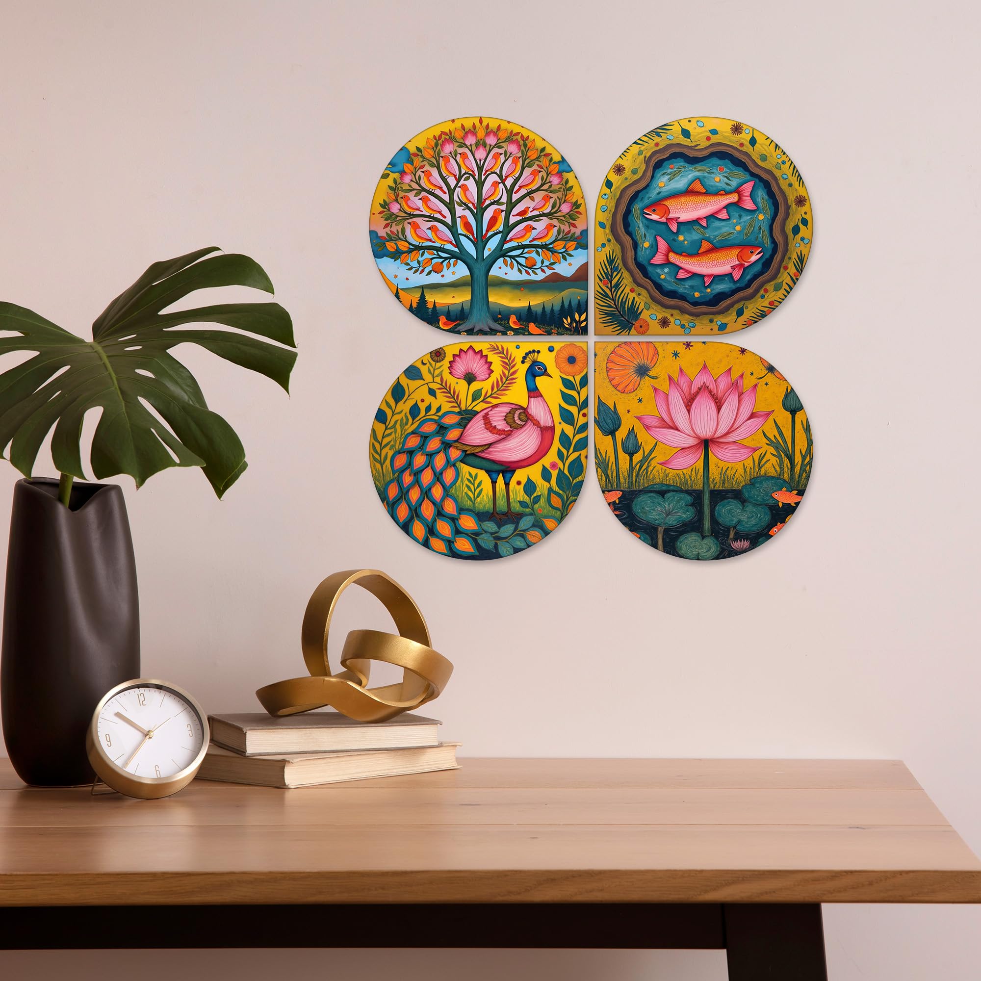 Artvibes Nature Decorative MDF Wooden Wall Art for Home | Art For Wall | Wall Sculpture | Signs & Plaques | Festive Decor | Wall Art Print | Handcrafted Art | Unique Gift Items (WH_8461N), Set of 4