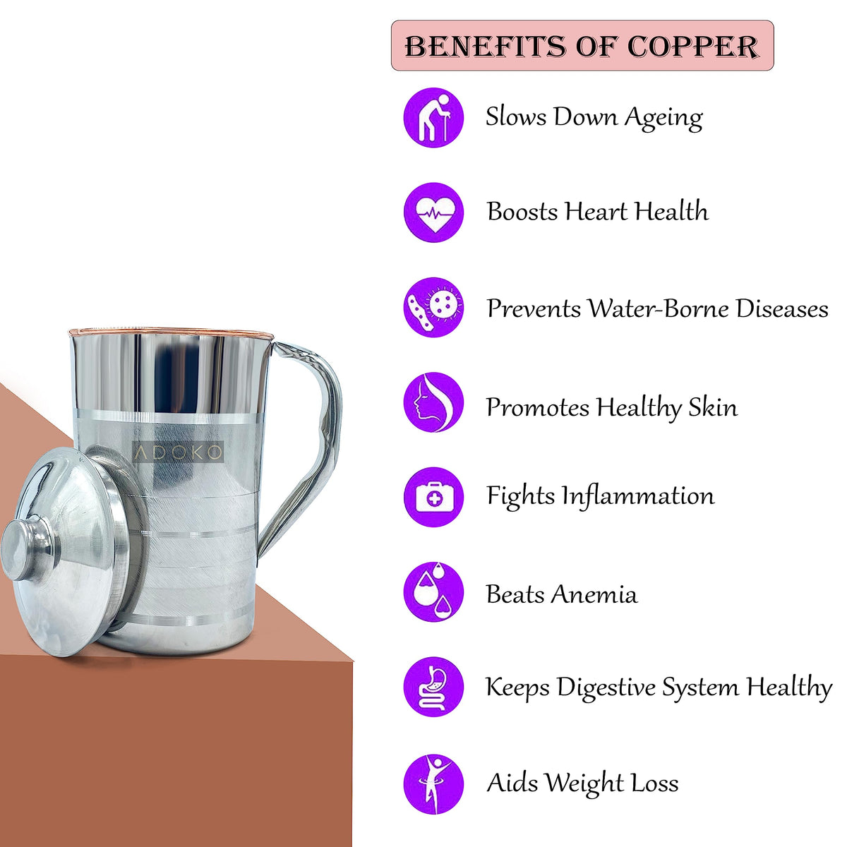 Adoko Premium Copper Lined Stainless Steel Water Jug Pitcher 1.5L | Ayurvedic Health Benefits, Luxury Design, Leak-Proof, Ideal for Serving & Storage