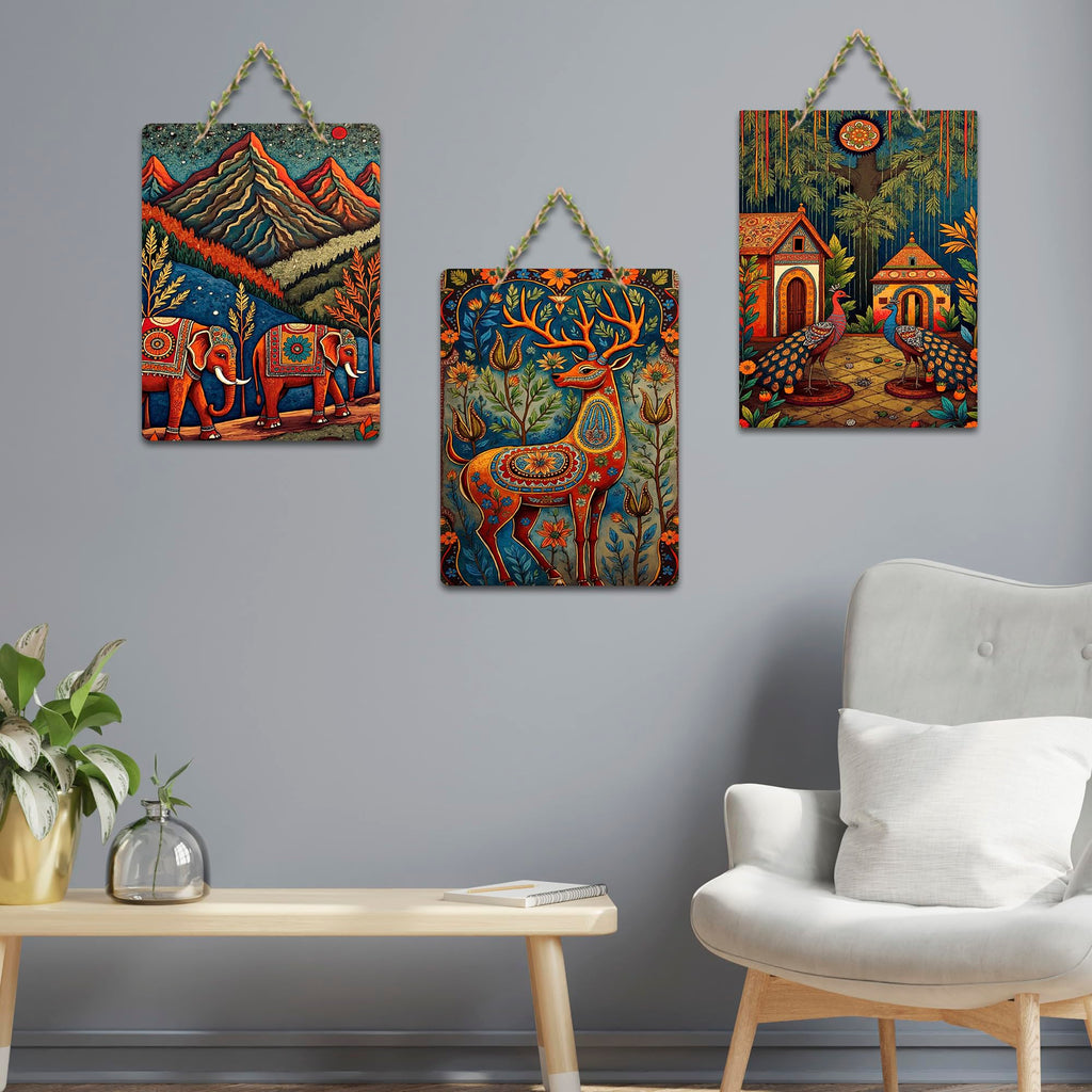 Artvibes Nature Theme Home Decor Wooden Art Decoration Item for Living Room | Festive Decor Art | Wall Art Painting For Hall | Graphic Artwork | Wall Poster | Unique Gift (WH_96109N), Set of 3