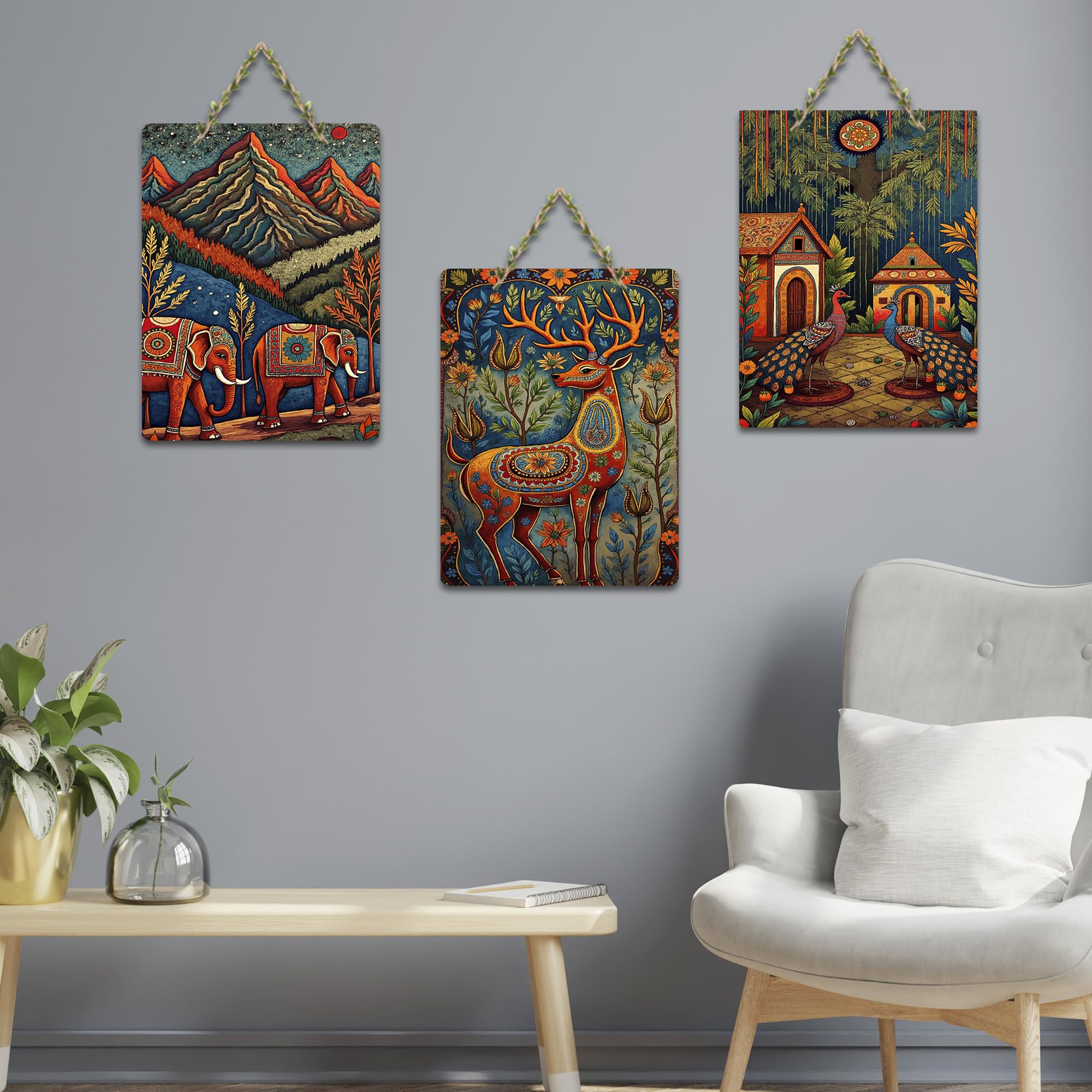 Artvibes Nature Theme Home Decor Wooden Art Decoration Item for Living Room | Festive Decor Art | Wall Art Painting For Hall | Graphic Artwork | Wall Poster | Unique Gift (WH_96109N), Set of 3