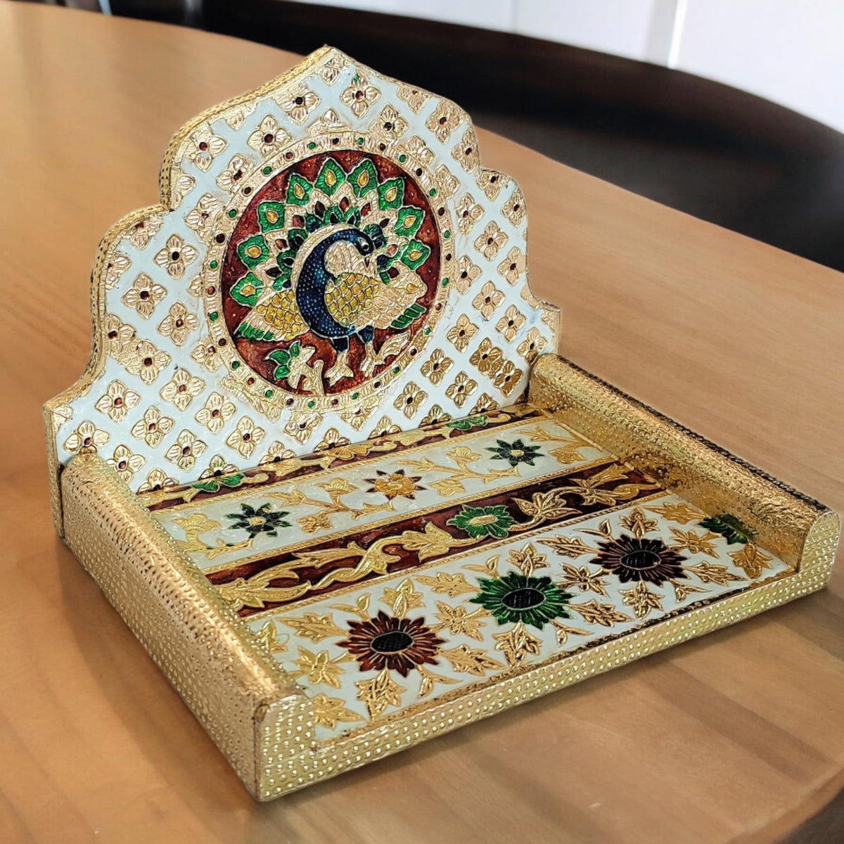 OPPILLA™ Meenakari Handcrafted Peacock Design Folding laddu Gopal Singhasan for Home Temple and Office Size 8x6 Inches