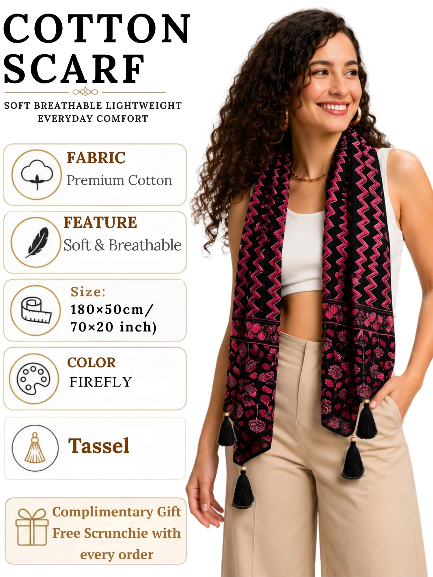 GALE GIRLS Cotton Scarf For Women Stylish|Beach Tassel Printed Scarf|Multicolor|Easily fits 180 * 50cm|70x20 Inch
