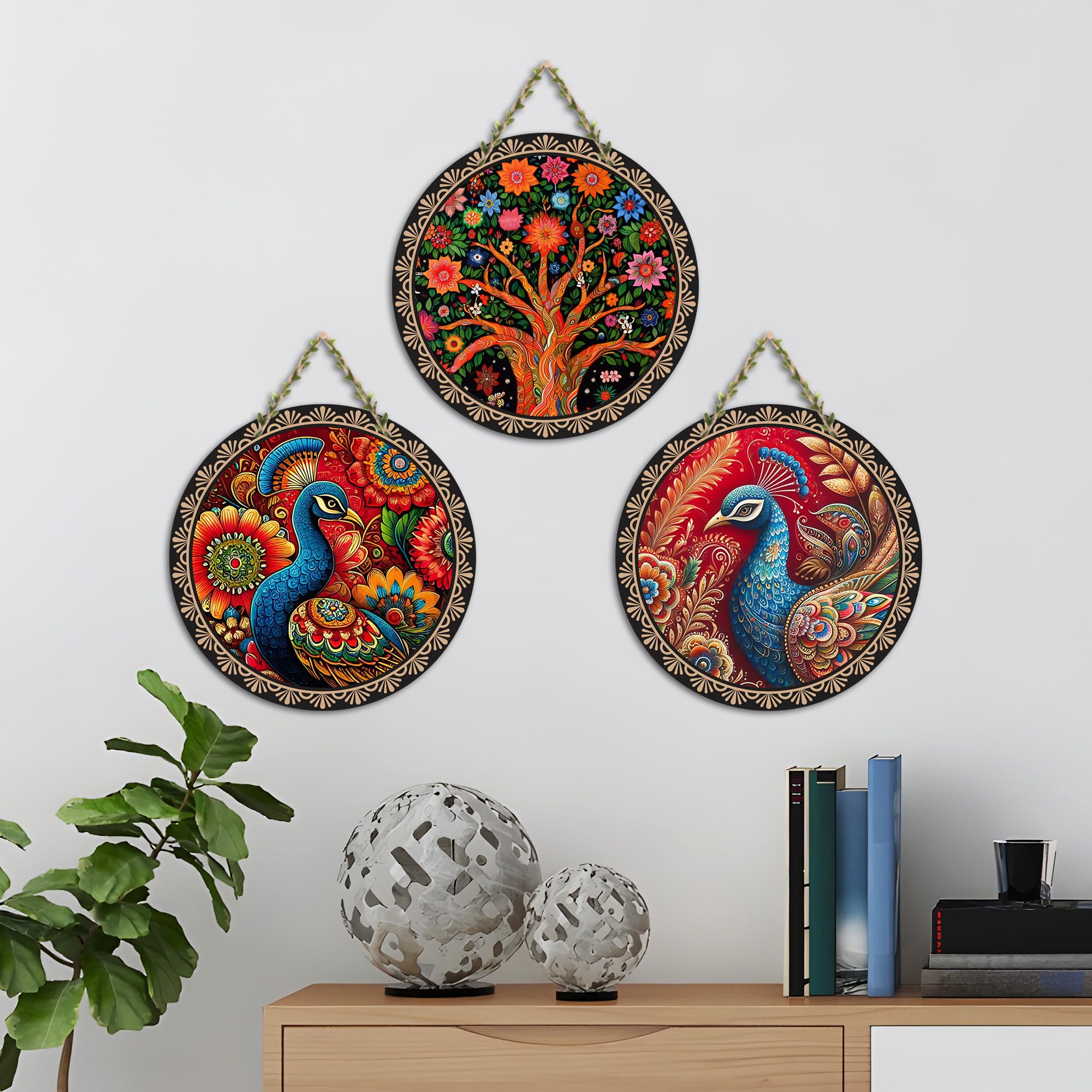 Artvibes Peacock Art Round Shape MDF Wooden Wall Decor Items | Home Decor | Wall Accent | Scenery For Drawing Room | Wall Art Print | Door Hanging Art Items | Unique Gift Items (WH_9904N), Set of 3
