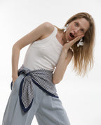 Grey Exim Women’s Polyester Crepe Scarf, Navy Blue & White Striped Print, Lightweight Fashion Scarf