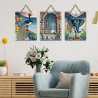 Artvibes Elegant Elephant Floral Window & Gorgeous Peacock Modern Art Decorative Wall Art MDF Wooden Wall Hanger for Home | Home Decor | Wall Accent | Wall Poster | Ideal Gifts (WH_9648N), Set of 3