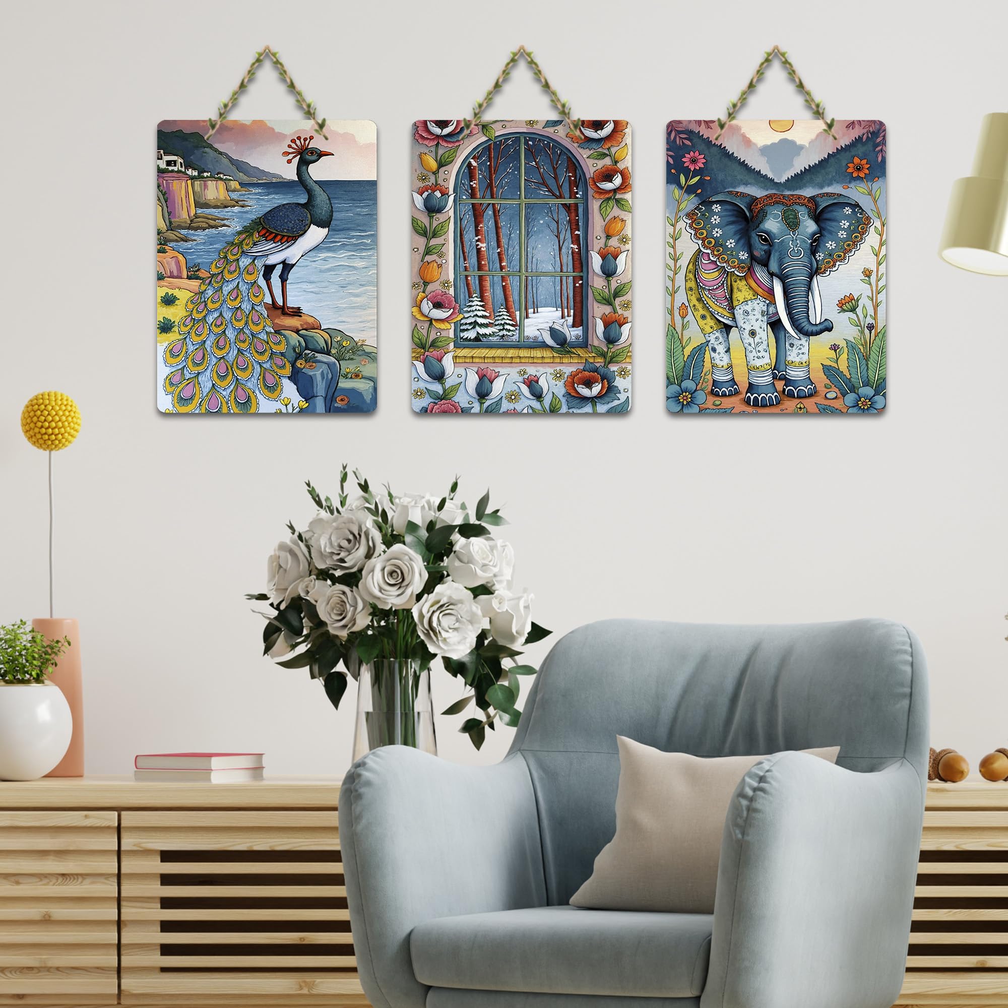 Artvibes Elegant Elephant Floral Window & Gorgeous Peacock Modern Art Decorative Wall Art MDF Wooden Wall Hanger for Home | Home Decor | Wall Accent | Wall Poster | Ideal Gifts (WH_9648N), Set of 3
