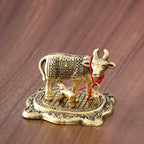 KridayKraft Kamdhenu Cow with Calf Metal Rajasthani Handicrafts Decorative Showpiece for Gifting Anniversary Valentine's Day (Golden)