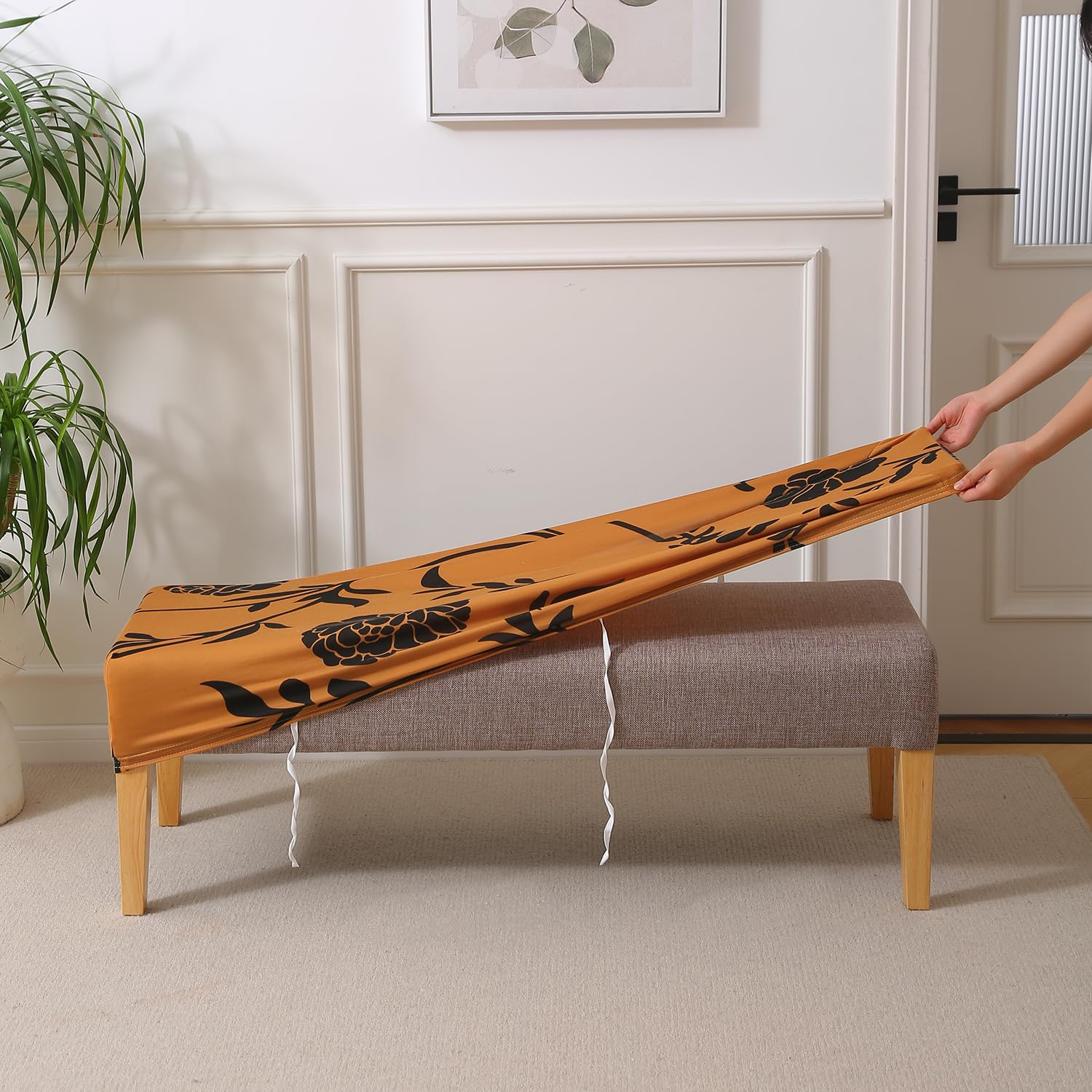 HOKIPO 'Elira Series' Polyester Blend Printed Dining Bench Cover Stretchable Slipcover, Copper Brown Floral (AR-4948-C8)