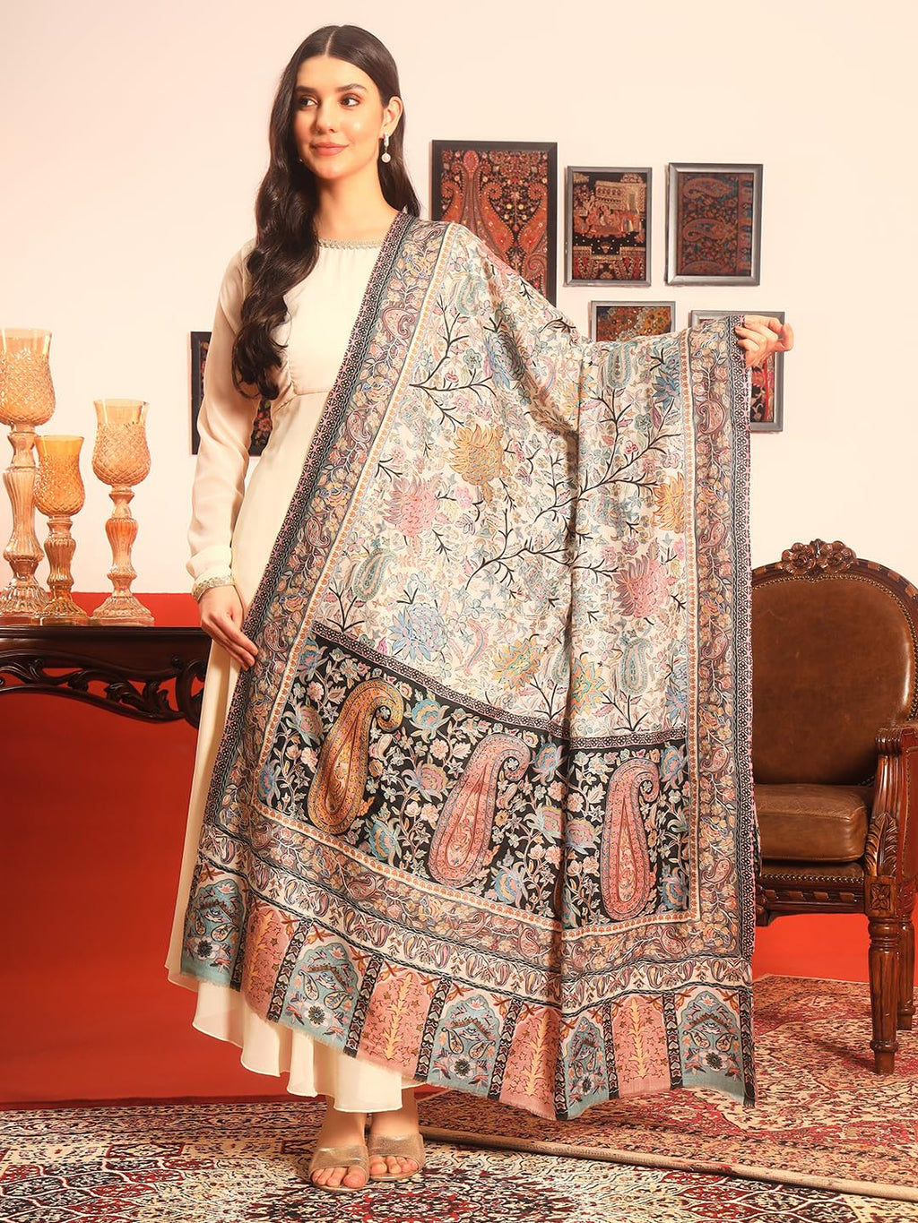 Pashmoda Women Guldasta Fine Wool Fabric Pashmina Kalamkari Embroidered Shawl (Size: 40x80in, 101x203cm) KAS13