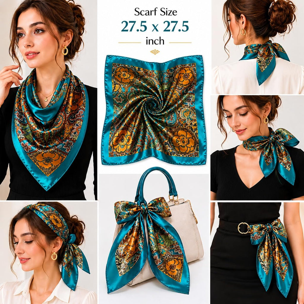 Etietnic Satin Square Head Scarf for Women,LOCAL BLUE Printed